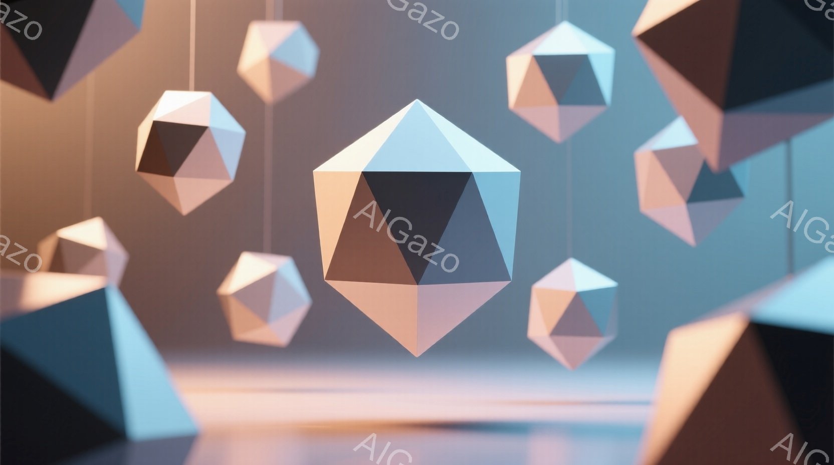 幾何学的な多面体が、柔らかい光の中で宙に浮いている様子が描かれています。多面体は、淡いピンク、薄い水色、そして濃いグレーの色合いを持ち、複雑な影を作り出しています。背景はぼやけており、全体的に幻想的で静謐な雰囲気を醸し出しています。