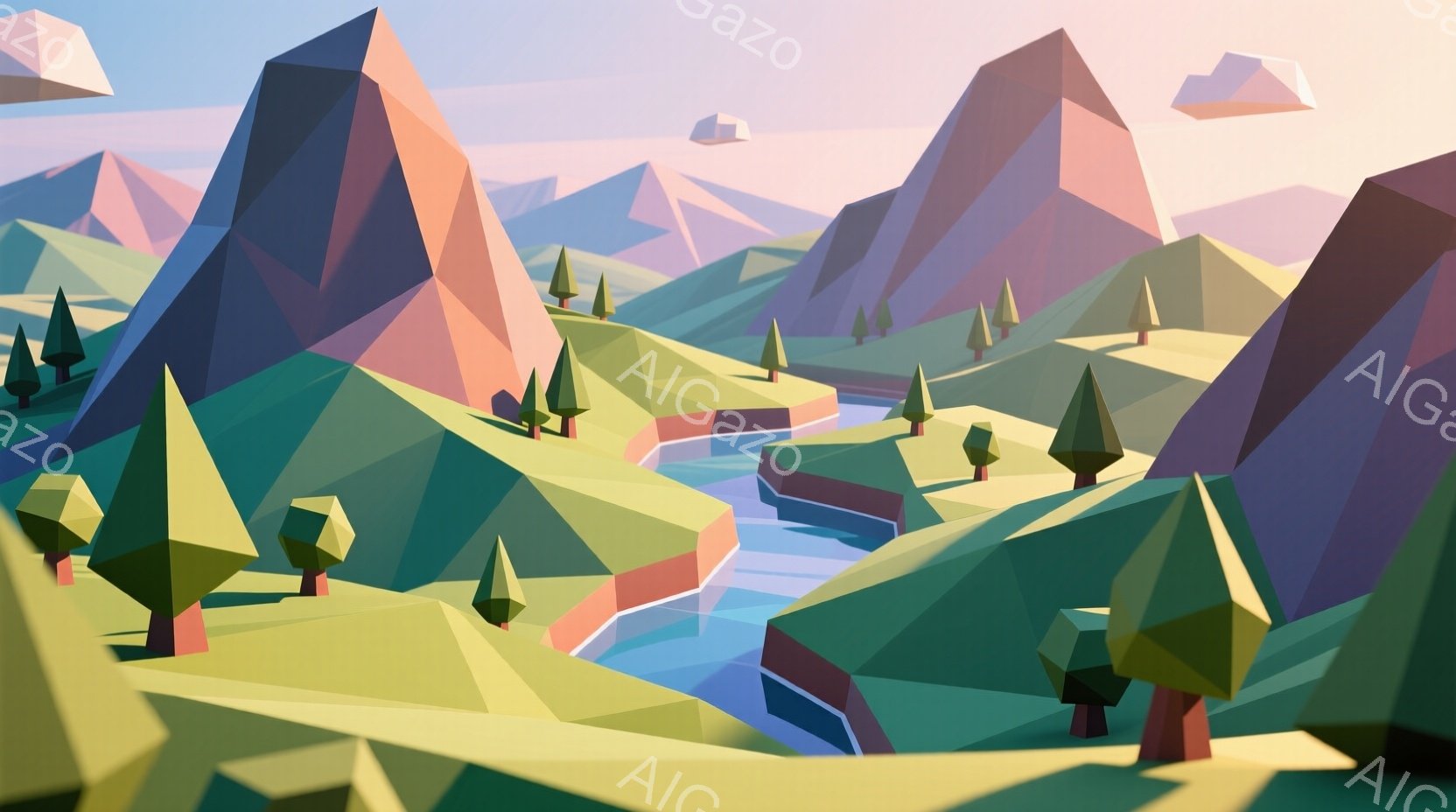 この画像は、多角形を用いたカラフルな風景を描いています。緑、青、ピンク、茶色といった鮮やかな色が、三角形の山々、なだらかな丘、そして蛇行する川で構成された風景を彩っています。全体的に、明るく、シンプルで、現代的な雰囲気のイラストです。