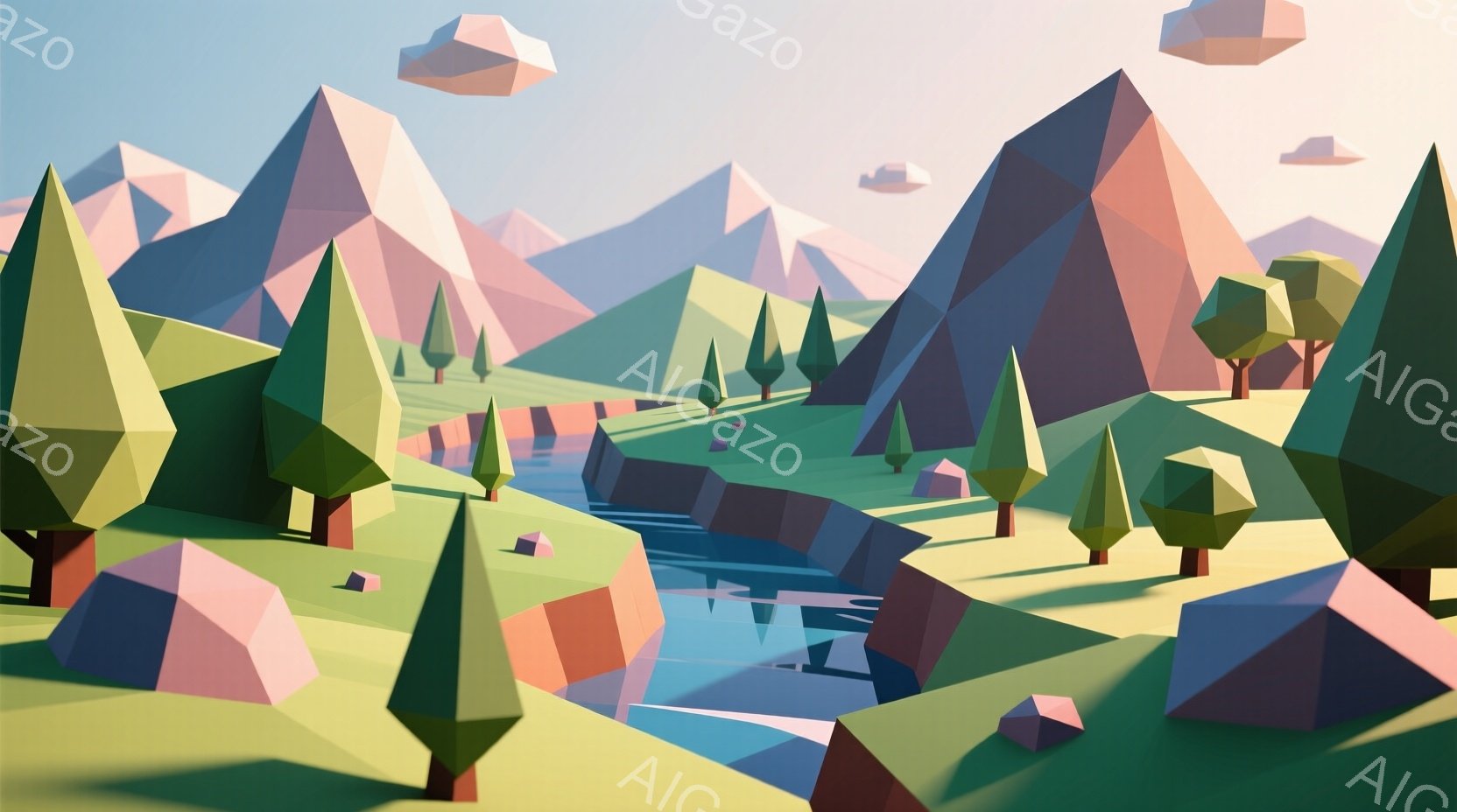 この画像は、多角形で構成された風景を描いています。緑とピンクの三角形の山々が背景に広がり、水面が輝く川が手前に流れています。全体的にパステルカラーで統一されており、幾何学的な形状が特徴の穏やかで夢幻的な雰囲気を醸し出しています。