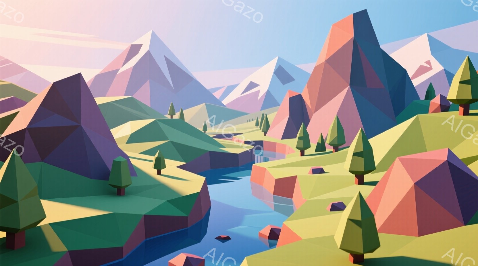 この画像は、多角形で構成された山々、緑の丘、そして蛇行する川の風景を描いています。山々はピンク、緑、紫といった鮮やかな色で彩られ、頂上には雪が積もっています。 全体的に、明るく、ミニマルで、幾何学的なスタイルが特徴で、穏やかで平和な雰囲気を醸し出しています。