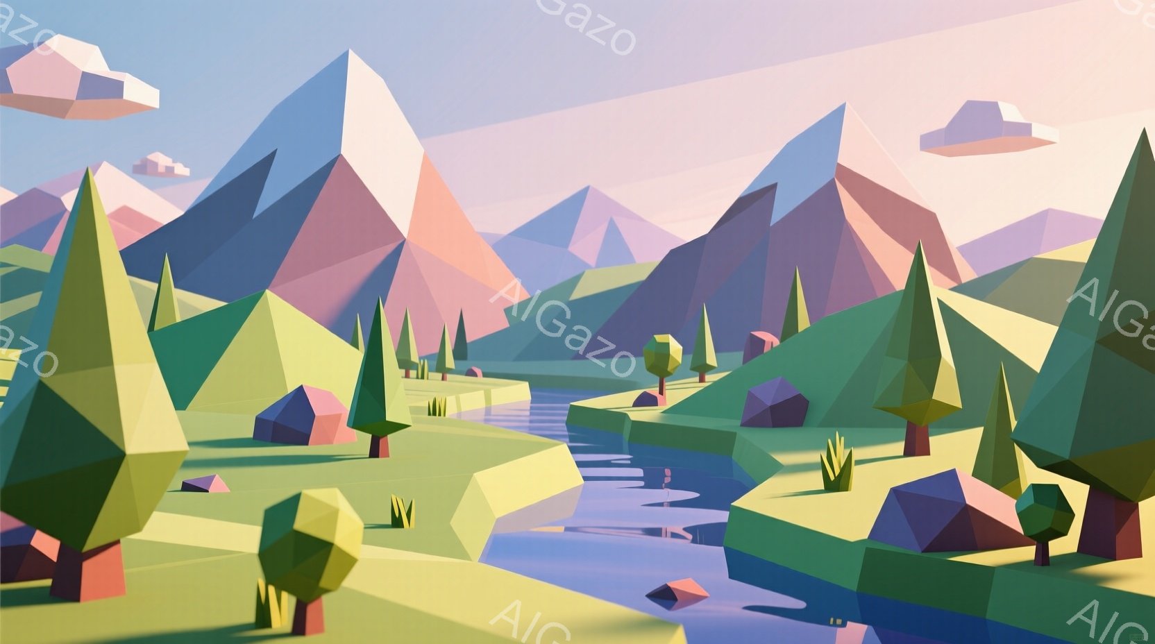 この画像は、多角形で構成された風景を描いています。緑、紫、青などの鮮やかな色調で、山々、川、そして小さな植生が抽象的に表現されています。空には淡い雲が浮かび、全体的に穏やかで夢幻的な雰囲気を醸し出しています。