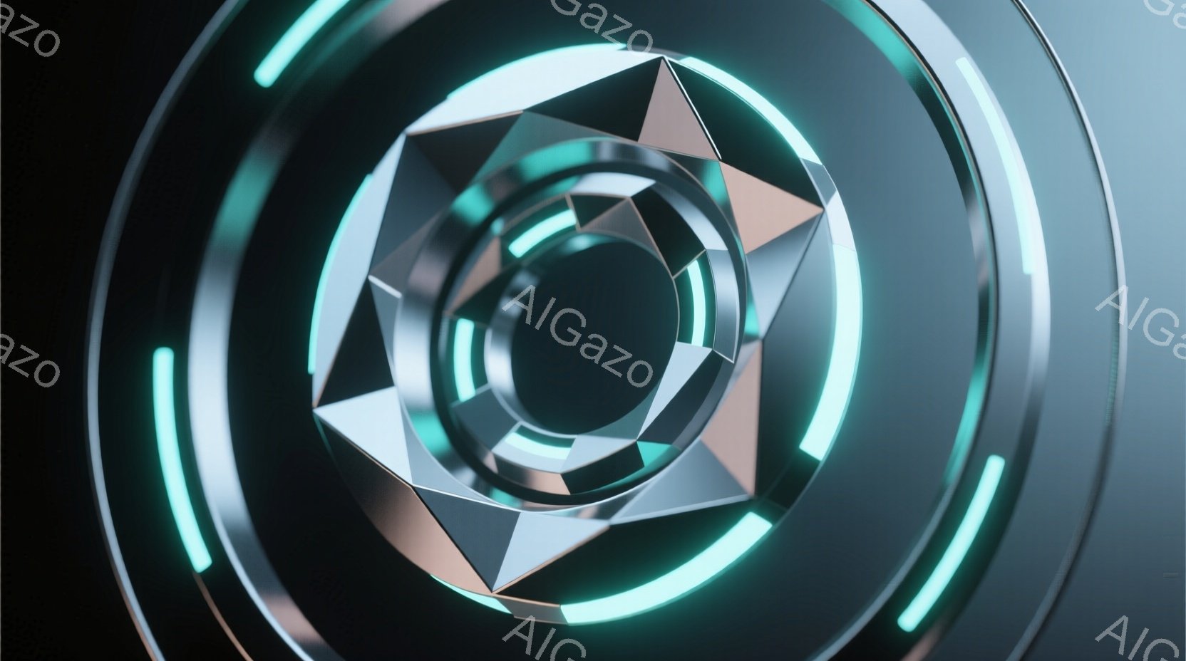 鮮やかなターコイズブルーのネオンライトが、黒い背景に浮かび上がる幾何学的な構造物が印象的な画像です。中心に向かって螺旋状に配置された三角形のパネルが、未来的なテクノロジーを想起させ、奥行きと立体感を強 - AI生成フリー素材