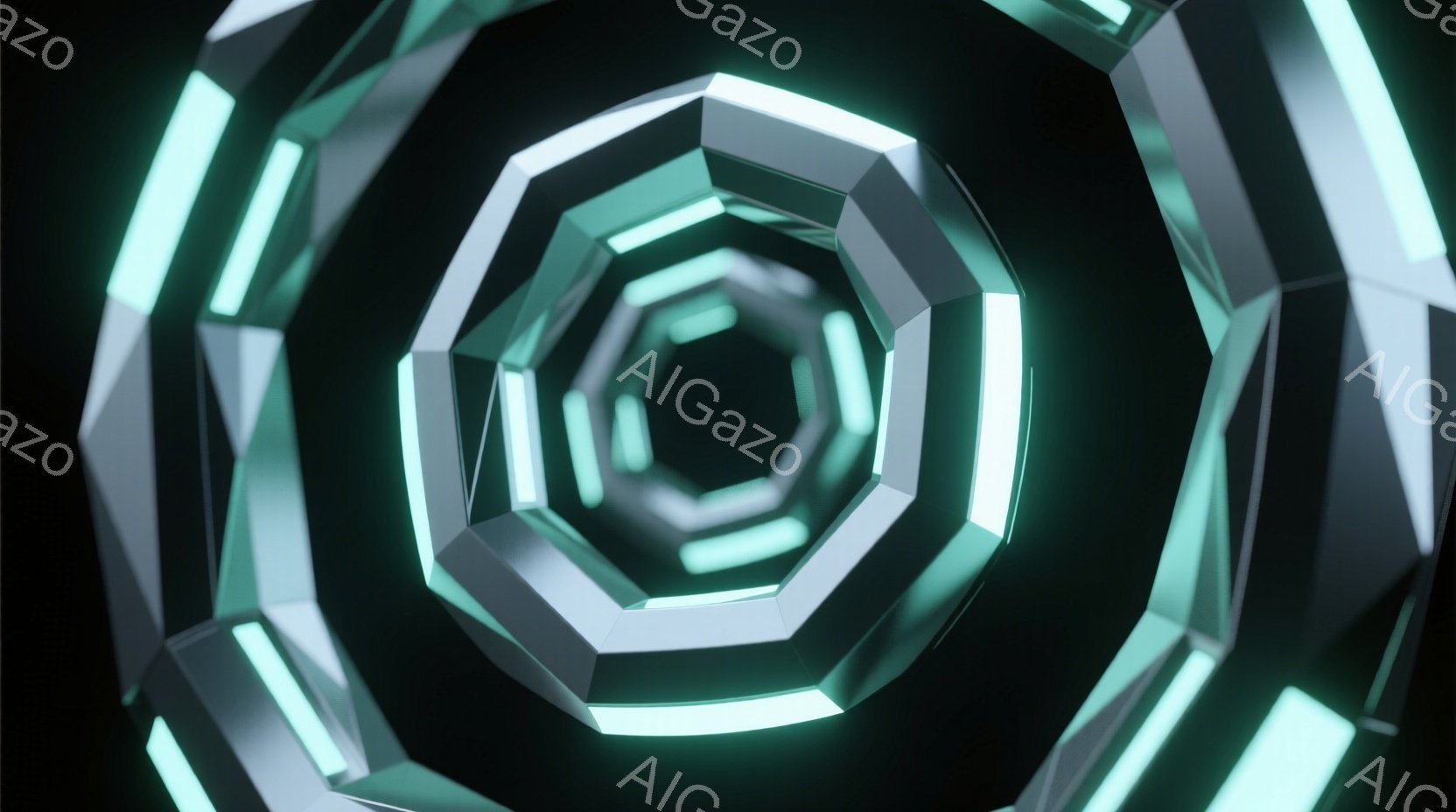 この画像は、中心に向かって収束する多層の六角形トンネルを描いています。鮮やかな水色の光がトンネルの各辺を照らし、未来的な、無限に続くような空間を作り出しています。暗闇の中に浮かび上がる幾何学的な構造が - AI生成フリー素材