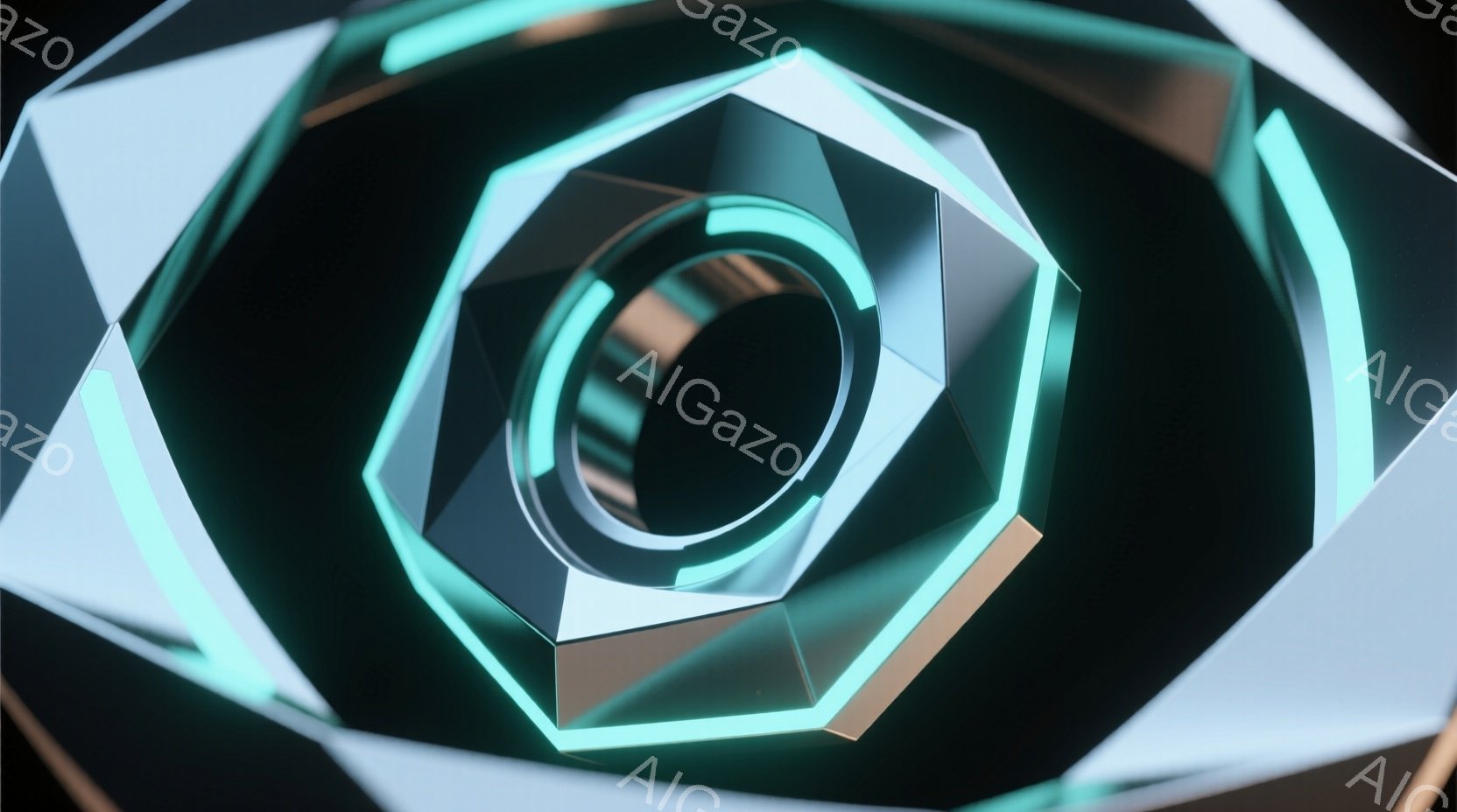 鮮やかなターコイズ色の光が内側から照らし出す、幾重にも重なった多角形のトンネルのような構造が印象的な画像です。各多角形は銀色と銅色のハイライトが入り、光の反射が独特の奥行きを生み出しています。 全体的に近未来的で、サイバーパンク風の雰囲気を醸し出しています。