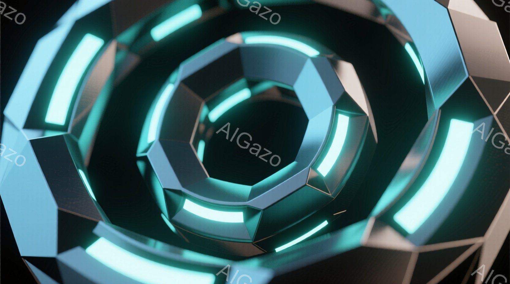 鮮やかなターコイズ色の光が内側から放射状に広がる、幾何学的なトンネルのような構造が印象的な画像です。黒色の多面体で構成された壁面は、光の軌跡を際立たせ、未来的な空間を演出しています。全体的に、洗練され - AI生成フリー素材