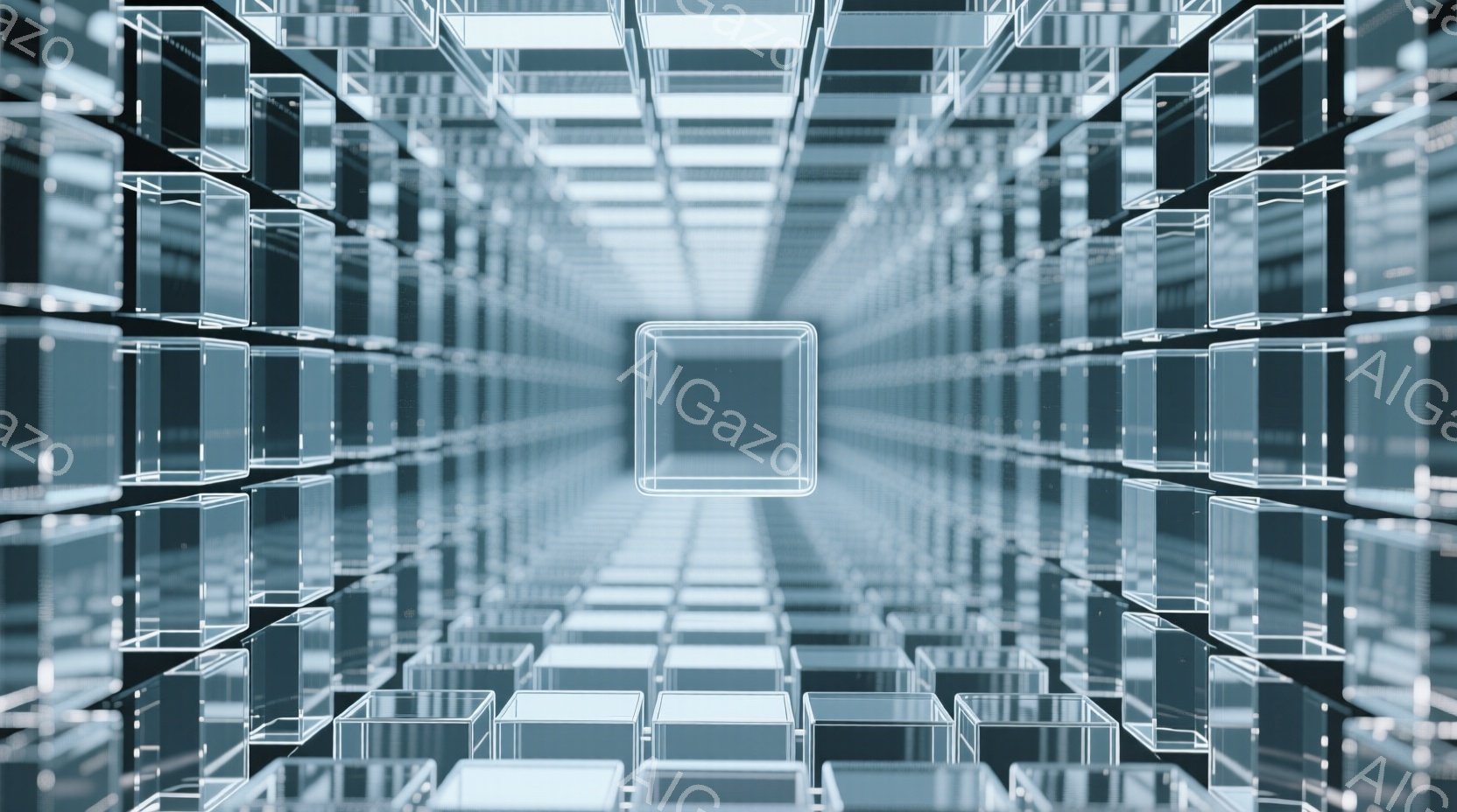 この画像は、無限に続く透明な立方体で構成されたトンネルのような空間を描いています。立方体は規則的に配置され、遠近法によって奥行きが強調されており、未来的な、あるいは仮想的な雰囲気を作り出しています。光 - AI生成フリー素材