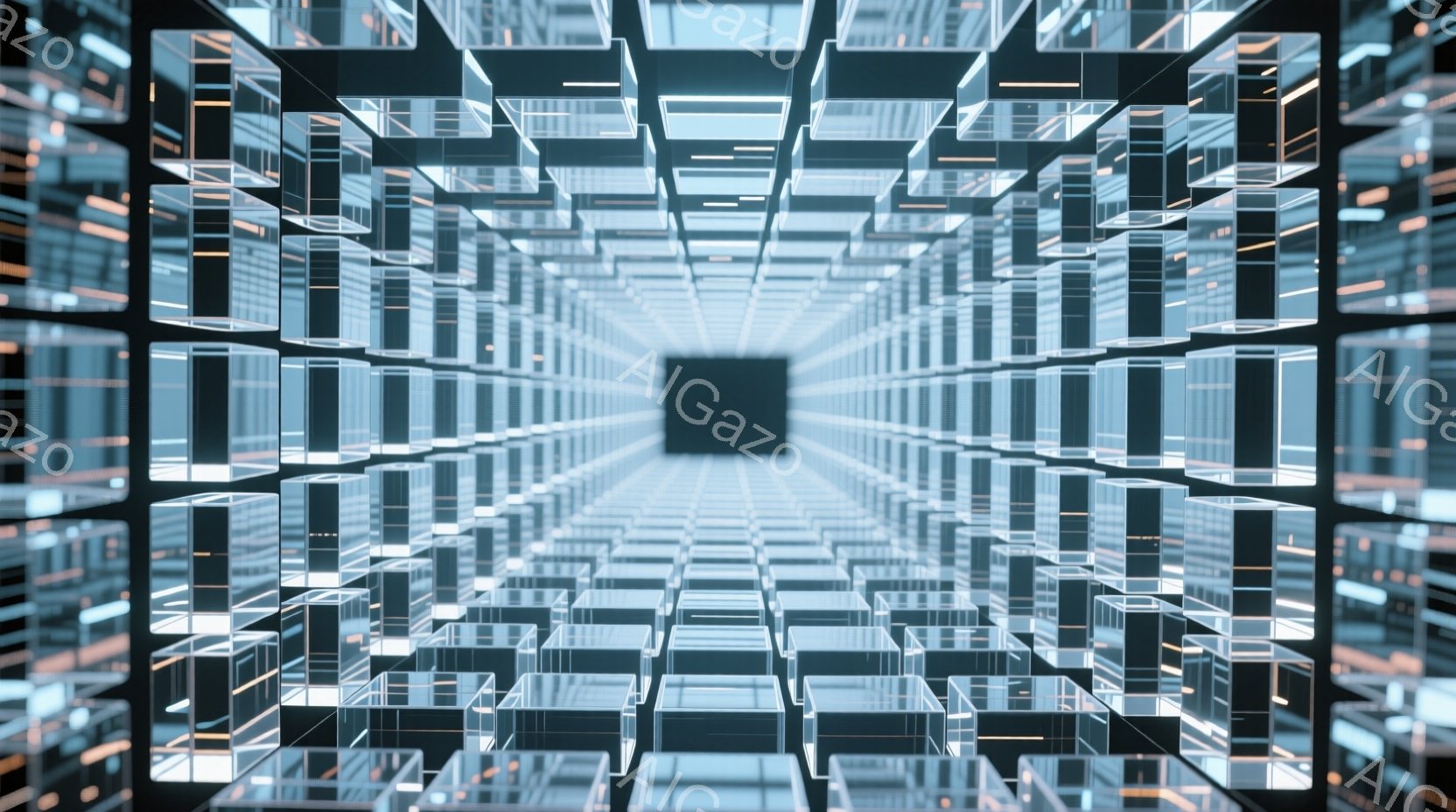 この画像は、無数の透明な立方体が無限に続くトンネルのような空間を描いています。立方体は光を反射し、複雑な奥行きと未来的な雰囲気を生み出しています。中央には暗い四角い空間があり、視線を強く引きつけます。 - AI生成フリー素材