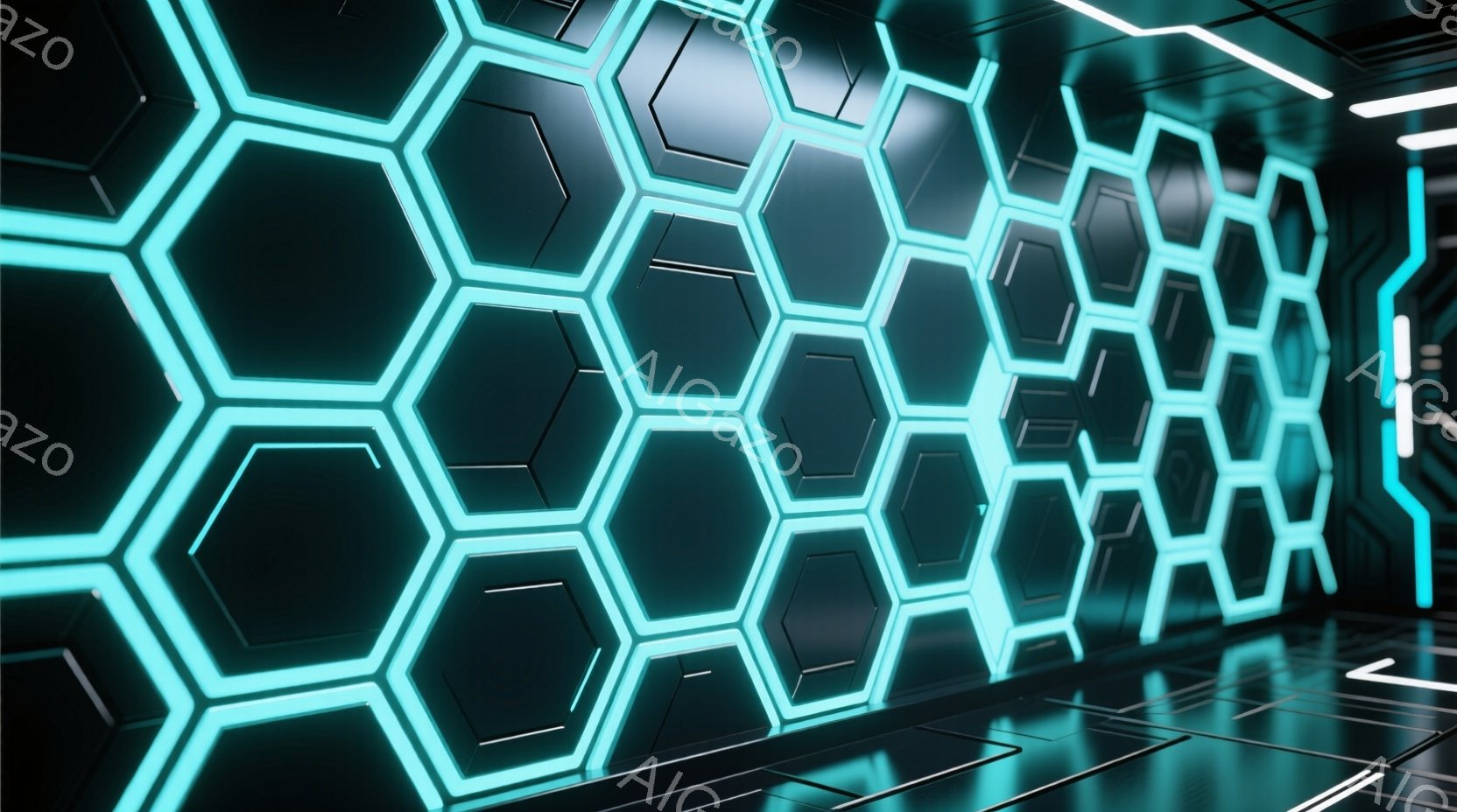 この画像は、未来的な廊下の内部を描写しています。壁は、発光するターコイズブルーの六角形パネルで覆われており、床も同様の色調のラインで照らされています。全体的に、滑らかでクリーンなデザインが、ハイテクで少し不気味な雰囲気を作り出しています。