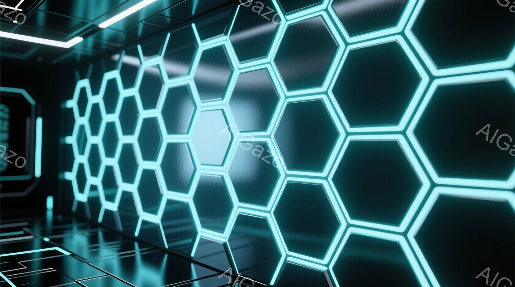 この画像は、未来的な廊下の様子を描いています。壁面は六角形のパネルで覆われ、青白い光を放ち、廊下中央に向かって遠近感のある光のラインが伸びています。床面は鏡面仕上げで、天井には細い光のラインが走り、全体的にクールでサイバーパンクな雰囲気を醸し出しています。