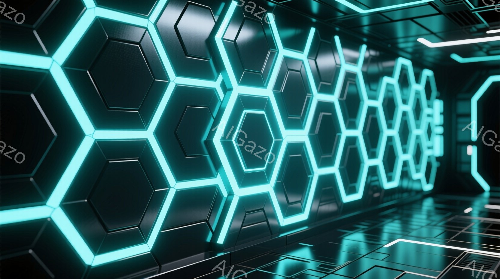 鮮やかなターコイズブルーの光が、未来的な六角形のパネルで構成された壁を照らし出している。パネルは廊下の両側に並び、無限に続くような奥行きを作り出しており、床面にも同様の光のラインが反射して、未来都市のような雰囲気を醸し出している。全体的にクールで、テクノロジー感あふれる印象を与える空間だ。