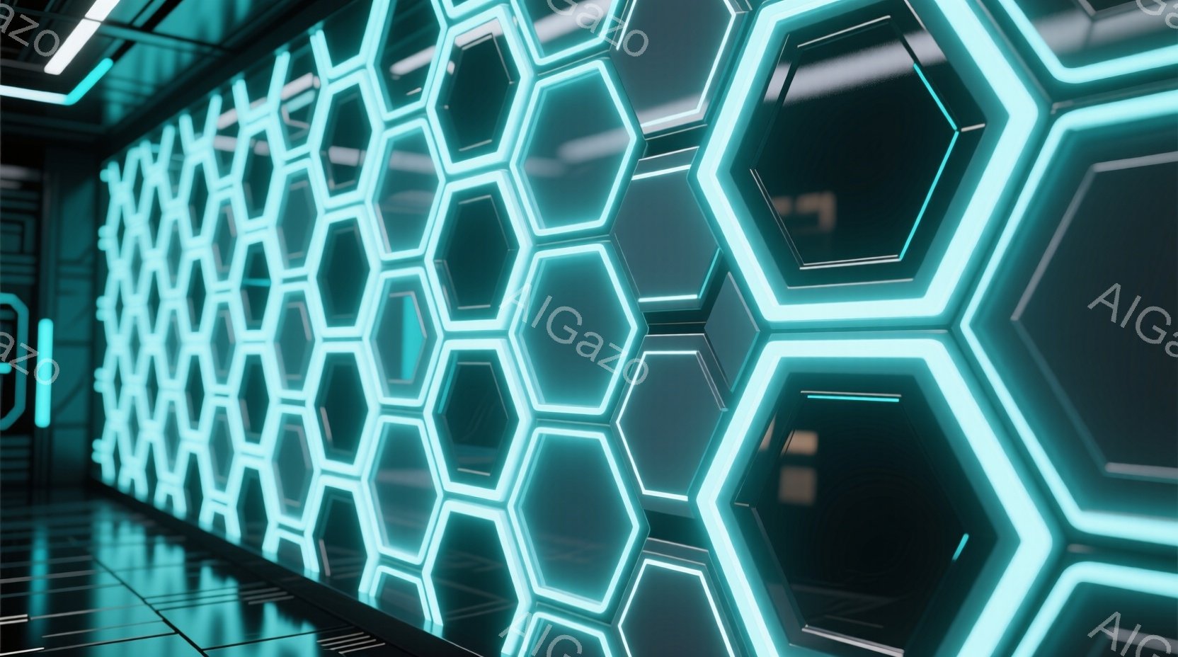 鮮やかなターコイズブルーの六角形が壁一面に並び、未来的なトンネルのような空間を形成している。六角形は発光しており、その光が床面を反射して奥行きのある視覚効果を生み出している。この空間は、テクノロジーと幾何学的な美しさを融合させた、静かで神秘的な雰囲気を漂わせている。