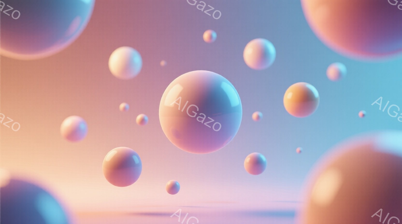 鮮やかなパステルカラーの球体が、淡いピンクと青のグラデーションの背景に浮かんでいる。球体は様々な大きさで、光沢があり、それぞれが微妙な色合いの変化を見せている。全体的に柔らかく、夢幻的な雰囲気が漂っている。