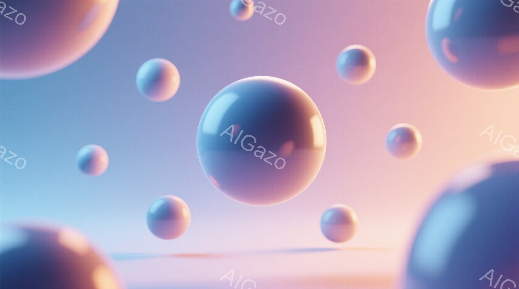 画像には、様々な大きさの光沢のある球体が空中に浮かび、淡いピンク色と水色を基調としたグラデーションの背景が広がっています。球体は金属のような反射を持ち、光の当たり方によって色が変化し、柔らかい雰囲気を醸し出しています。背景は単純な水平面で構成され、全体的に夢幻的で静謐な印象を与えます。