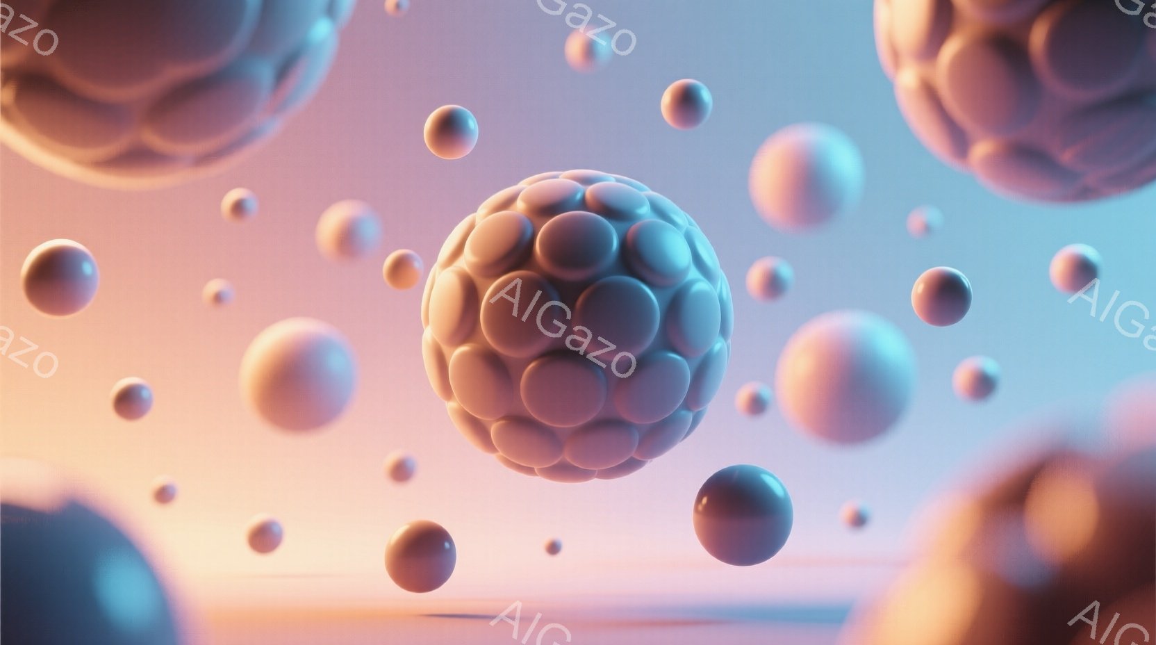 画像は、さまざまなサイズの半透明の球体が宙に浮遊している様子を描いています。球体は薄いピンクと水色のグラデーションで照らされ、下にはぼやけたピンク色の地面が広がっています。全体的に、柔らかく夢幻的な雰 - AI生成フリー素材