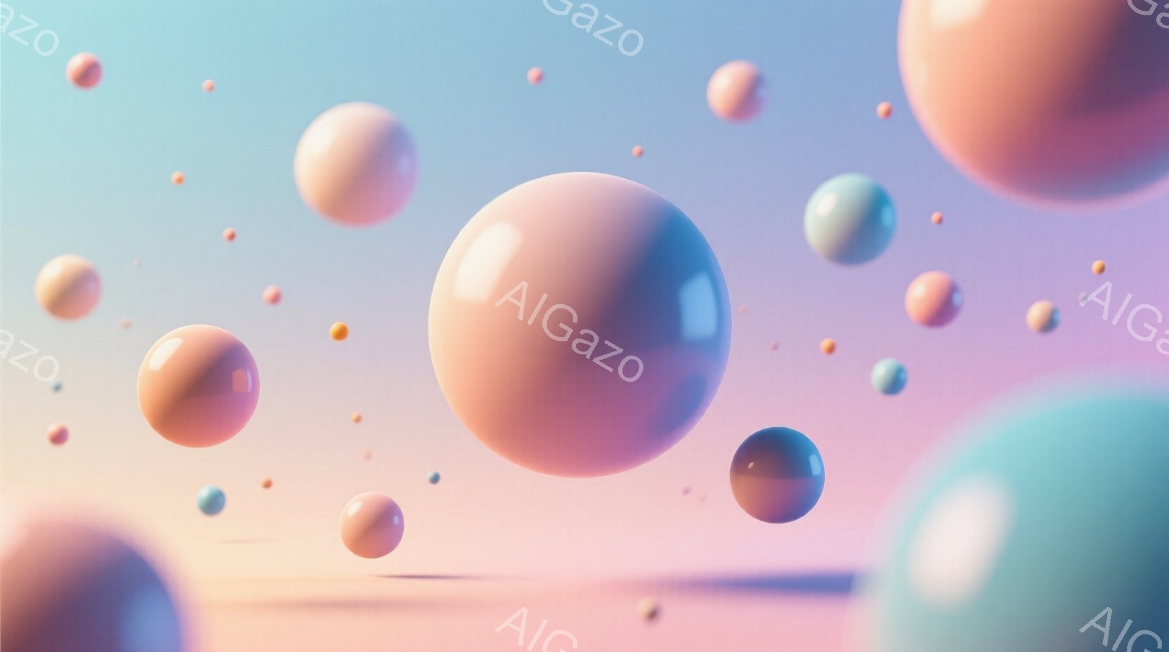 ぼんやりとしたピンクと水色のグラデーションの背景に、様々な大きさの光沢のある球体が浮遊している様子が描かれている。球体はパステルカラーで、淡いピンク、水色、紫、オレンジ色などがあり、光の反射が美しく、柔らかい印象を与える。背景は地平線のようなものがわずかに見え、全体として夢幻的で、穏やかな雰囲気を醸し出している。