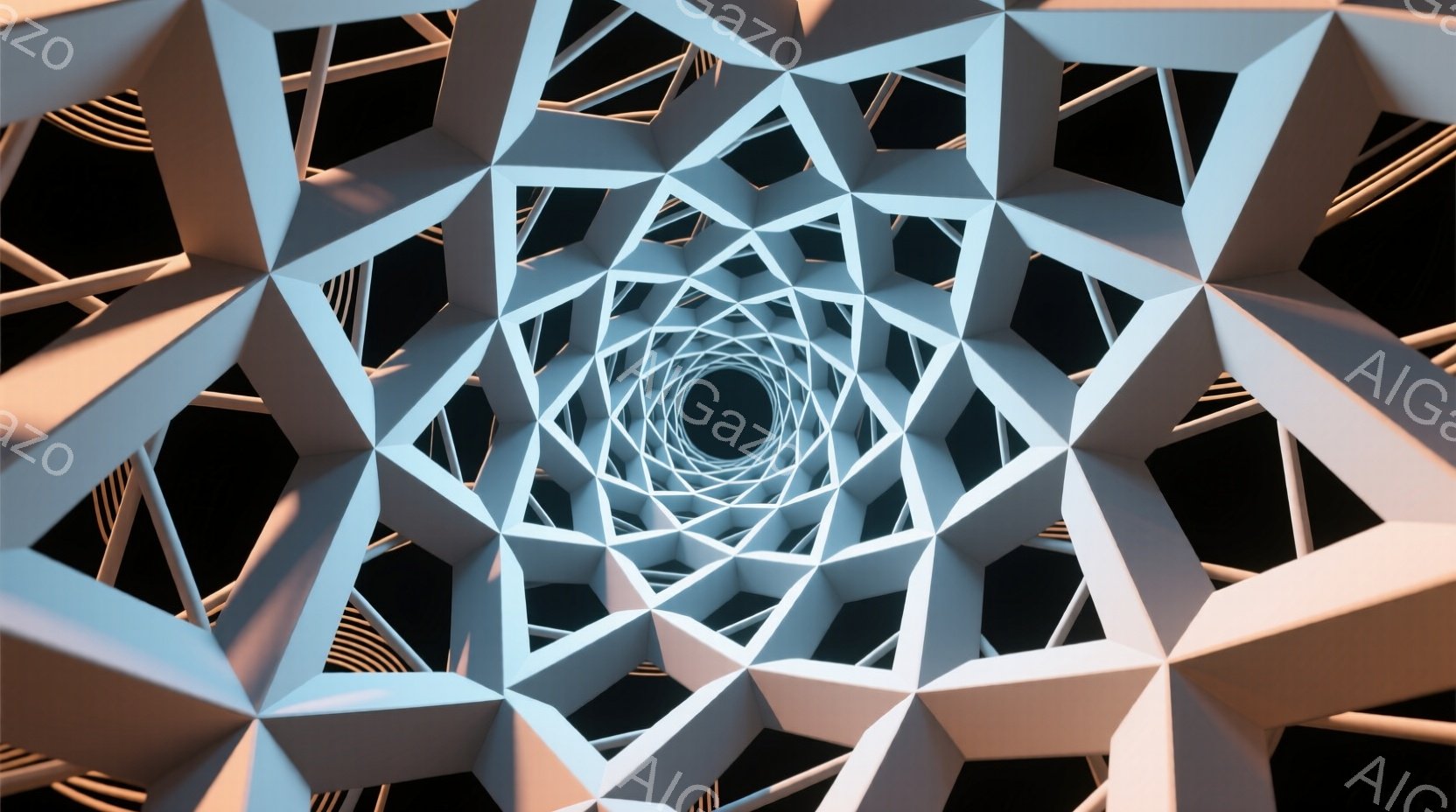 この画像は、幾何学的な構造が複雑に絡み合い、渦巻くようなトンネルを描いています。白いポリゴンの構造が無限に続くように見え、中央に向かって収束する視覚的な効果を生み出しています。全体的に、未来的な抽象芸術作品のような雰囲気で、奥行きと無限の可能性を感じさせます。