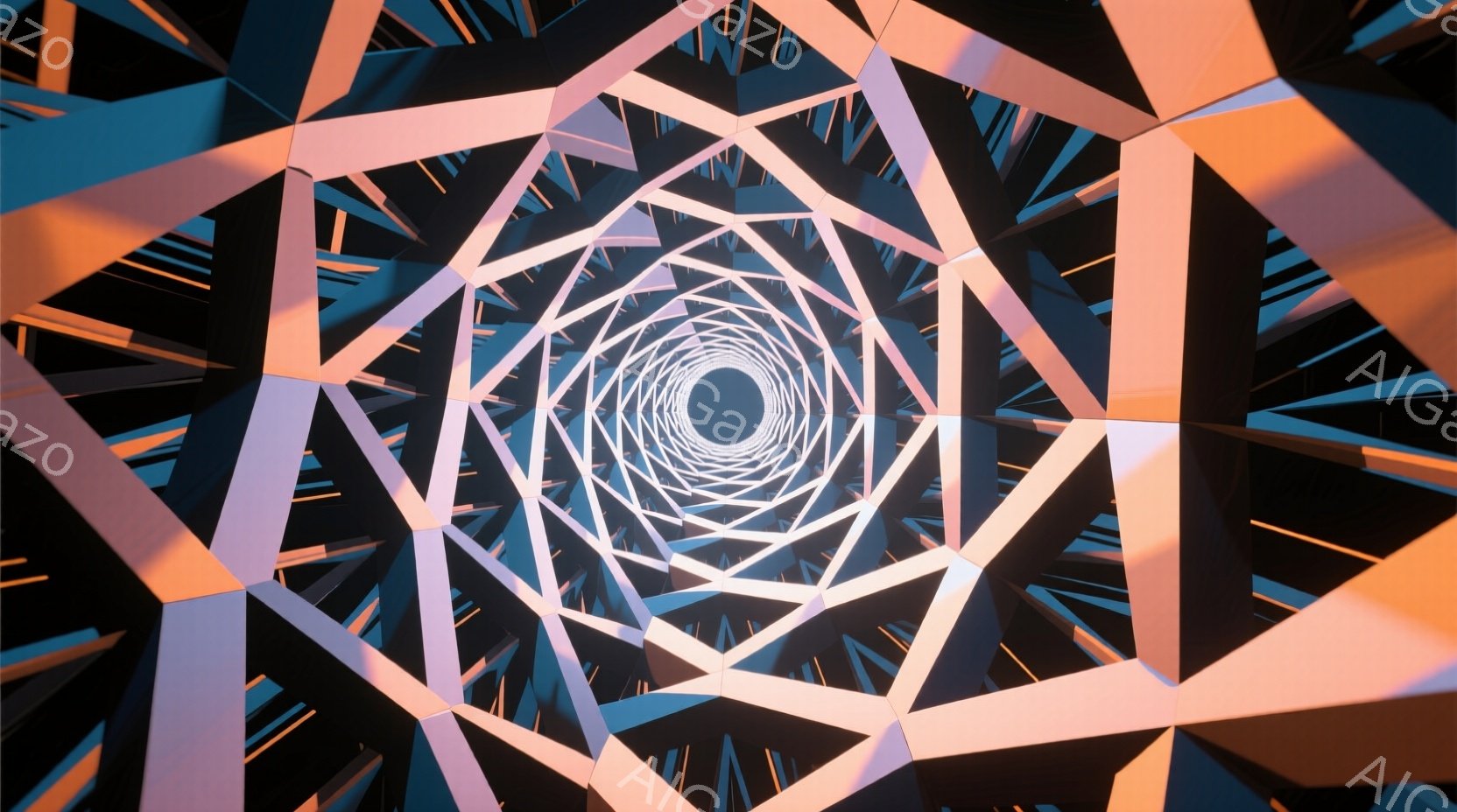 無数の三角形が中心に向かって収束する、未来的なトンネルの内部を捉えた画像です。鮮やかな水色とオレンジ色の光が三角形の稜線に当たり、幾何学的な光と影のパターンを生み出しています。中心部は深い青色で、無限 - AI生成フリー素材