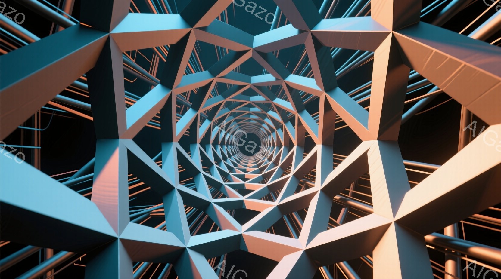 無数の三角形と直線が複雑に絡み合い、筒状のトンネルのような空間を形成している。光と影が幾何学的な構造を強調し、奥行きのある視覚効果を生み出している。全体的に、未来的な、または抽象的な空間を表現しており - AI生成フリー素材