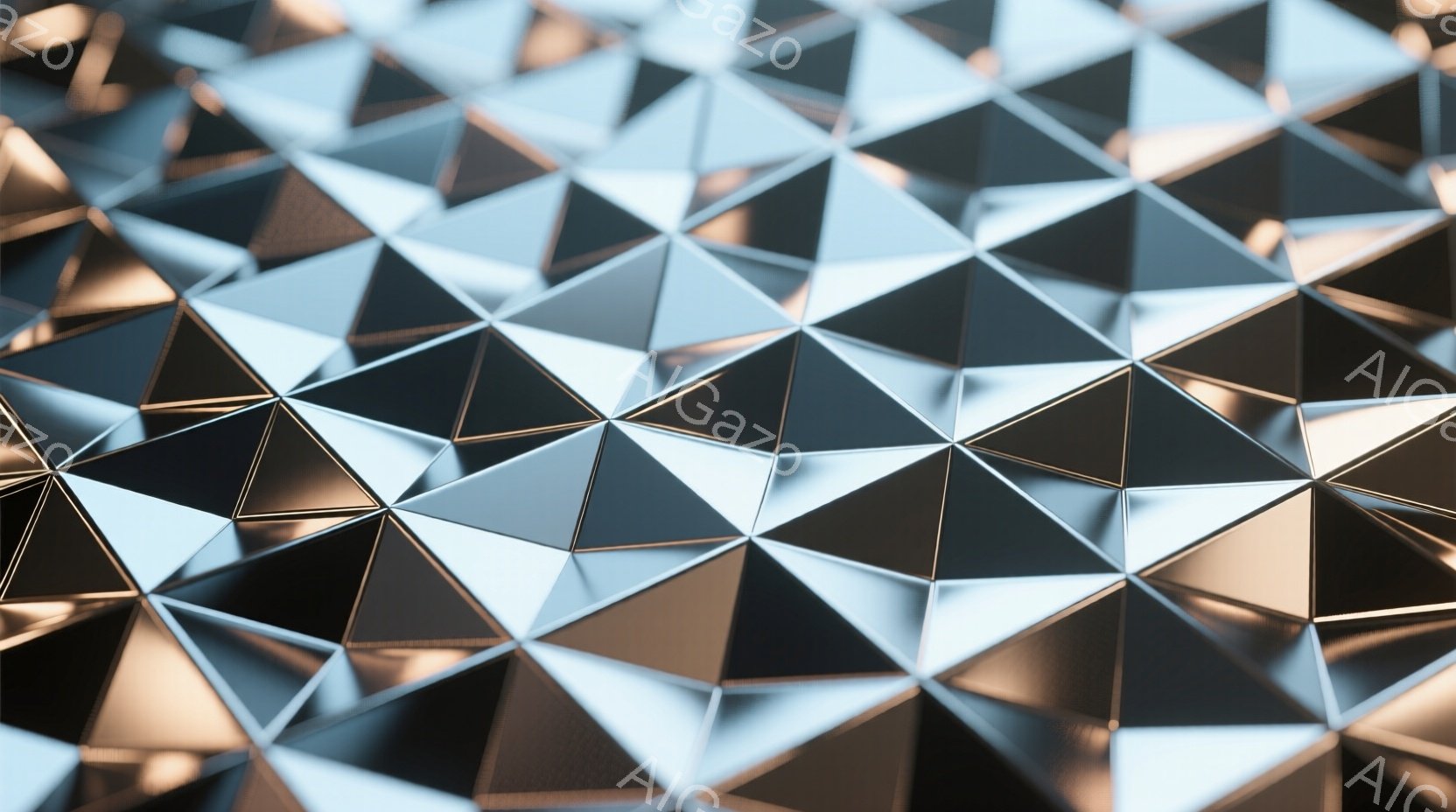 この画像は、多角形の金属板が隙間なく並んだテクスチャを表しています。各多角形は、光沢のある金属質で、影によって立体感と奥行きが強調されています。全体的にクールで未来的、工業的な印象を与えます。
