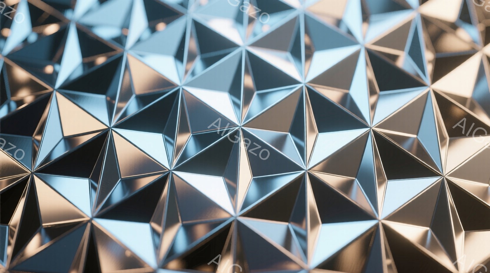 鮮やかな金属製の多面体構造が、まるでダイヤモンドのような輝きを放っている。各面は光を反射し、影を作り出し、幾何学的な美しさを際立たせている。背景はぼやけており、この構造が最も注目されるように意図されている。