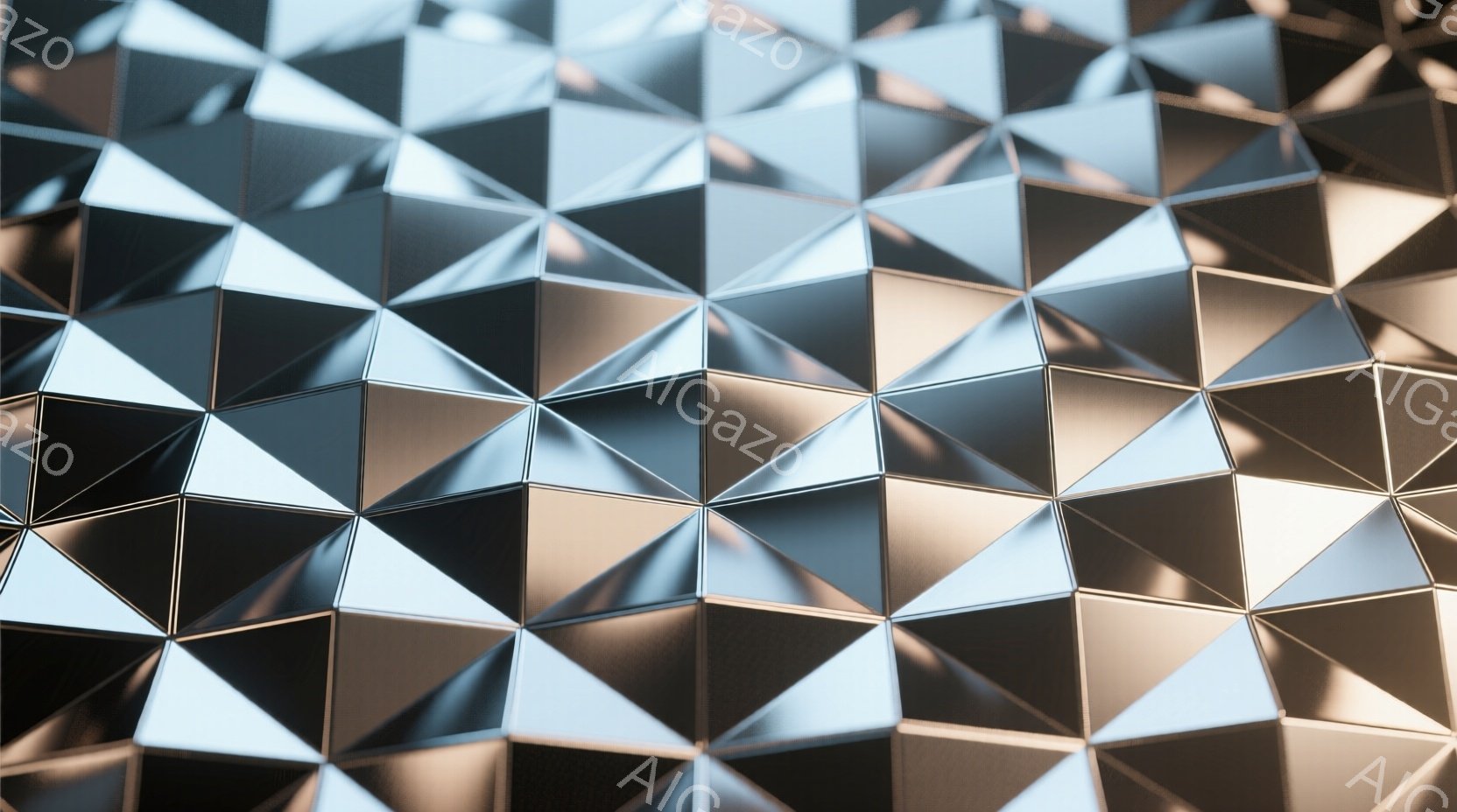 画像は、多面体で構成された幾何学的な表面をクローズアップしたものです。各面は光を反射して、銀色と金色の陰影を作り出しており、まるで金属製の装甲や彫刻のようです。テクスチャは硬く、未来的な雰囲気を醸し出しています。