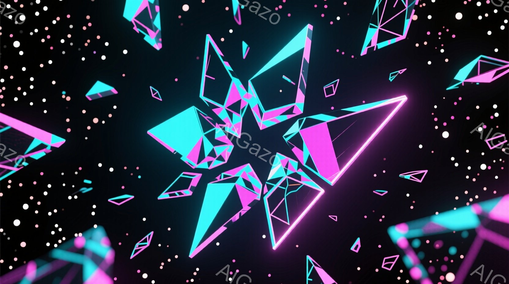 鮮やかなネオンピンクと水色の多面体結晶が、黒い背景に散りばめられた星屑のような点々と共に浮かび上がっている。結晶は幾何学的な形状で、光沢があり、未来的な雰囲気を醸し出している。全体として、サイバーパンクやデジタルアートを彷彿とさせる、鮮やかで抽象的なイメージである。