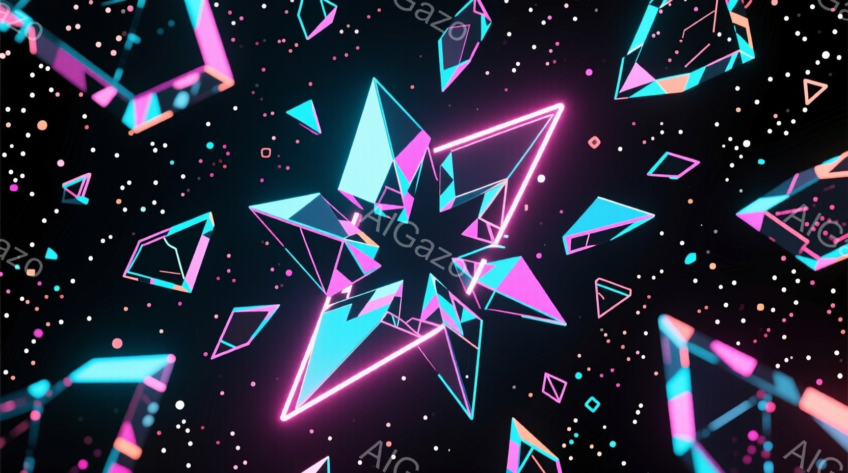 鮮やかなネオンカラーの多面体が、黒色の背景に散りばめられています。これらの幾何学的な形状は、ピンク、水色、紫色の光で縁取られており、まるでサイバー空間に浮かぶ結晶のようです。全体的に未来的な雰囲気で、光の粒子が散りばめられた背景が幻想的な空間を演出しています。