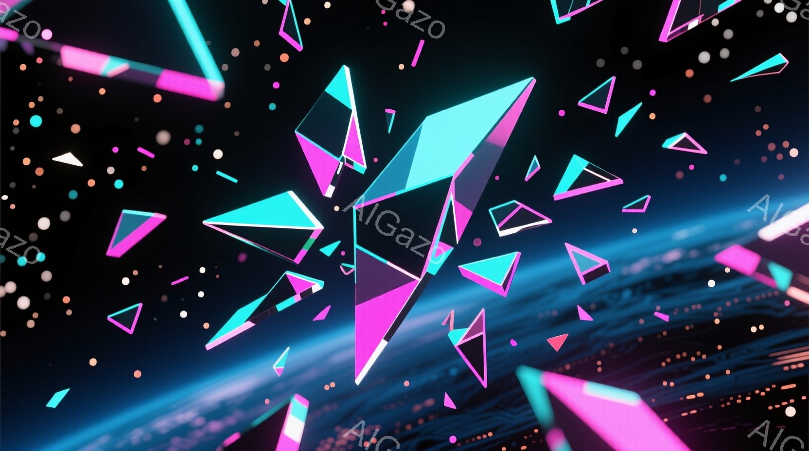 鮮やかなネオンピンクとターコイズブルーの断片が、黒い背景に散りばめられた抽象的なイメージです。下部には、回路基板のようなデザインが光り、まるでデジタル空間に漂う破片のようであり、全体的に未来的な雰囲気 - AI生成フリー素材