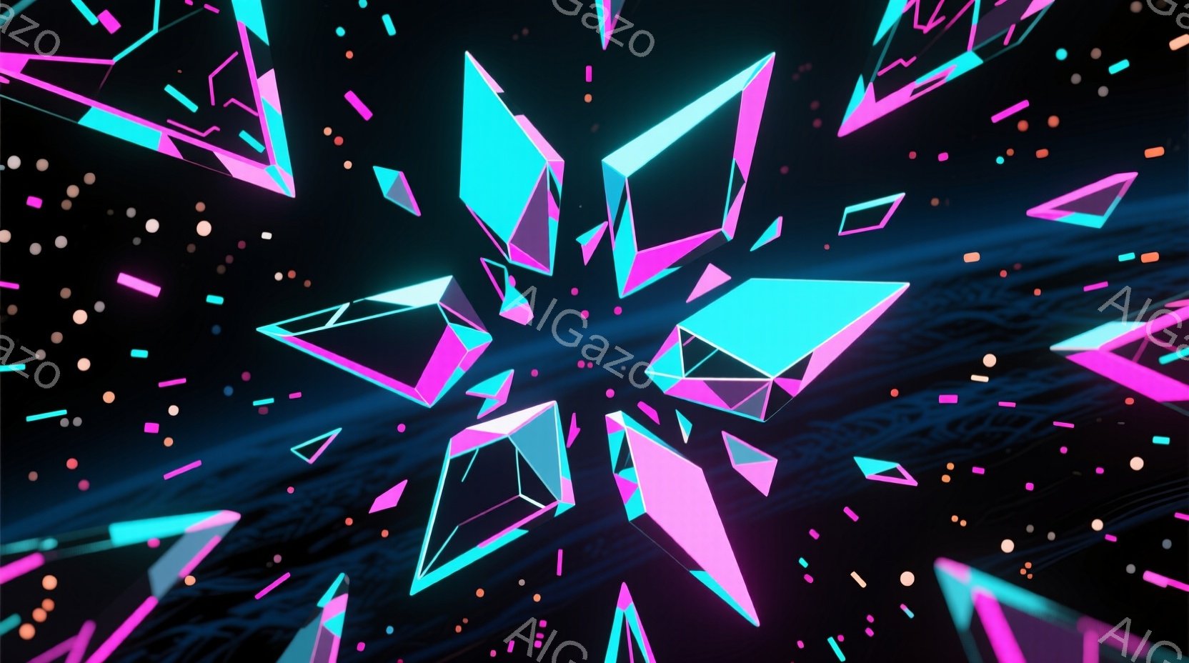 鮮やかなネオンピンクとターコイズブルーの多角形が、暗い背景の中で放射状に広がっている様子が描かれている。これらの形状は、まるで砕けたガラスやクリスタルの破片のように見え、未来的なエネルギーやサイバーパンク的な雰囲気を醸し出している。背景は暗く、無数の小さな光点が散りばめられ、奥行きと立体感を強調している。