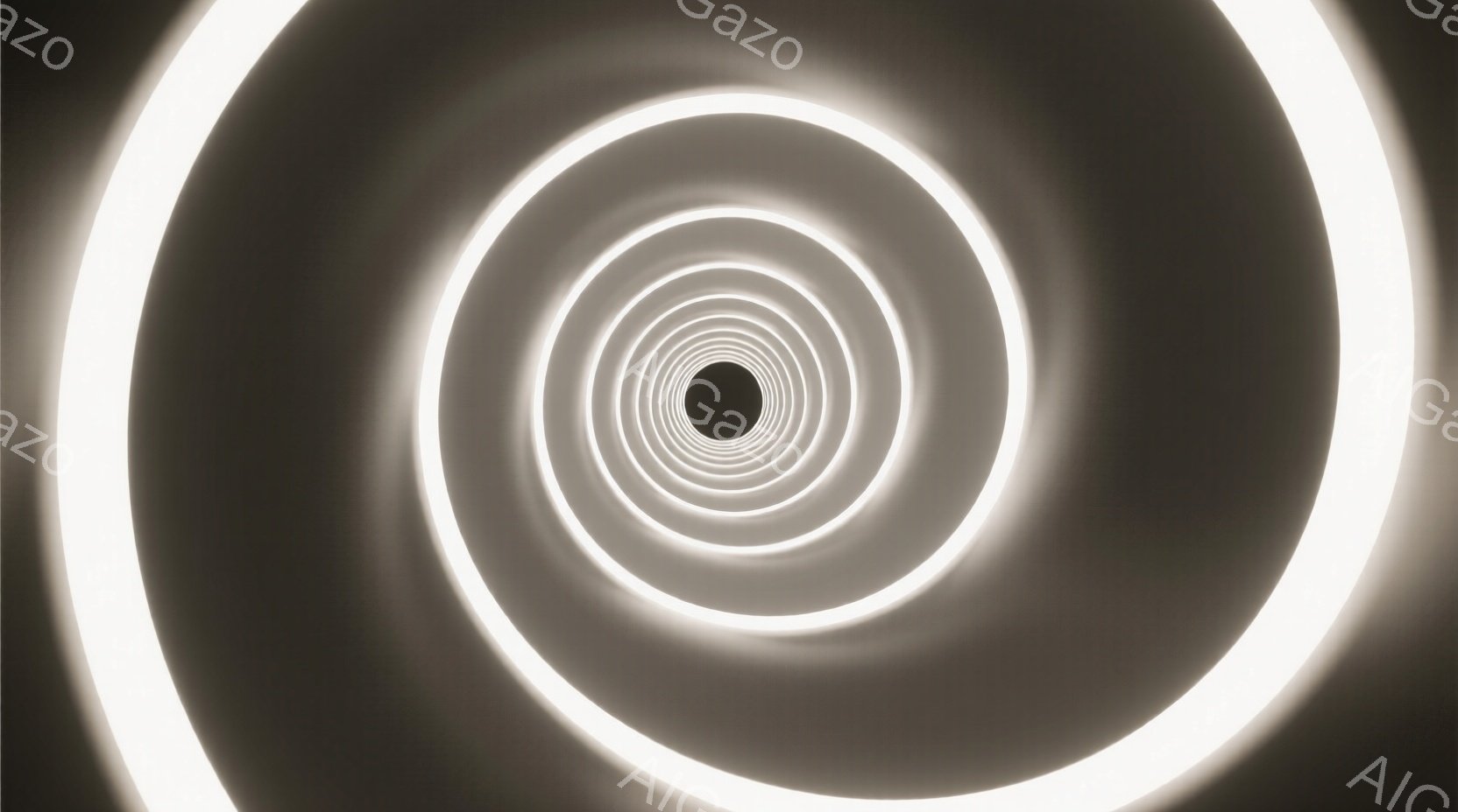 無数の白い円環が中心に向かって収束する抽象的な画像です。各円環はぼやけ、まるで光のトンネルのように奥行きを感じさせます。全体的に暗い背景が光の円環を際立たせ、神秘的で未来的な雰囲気を醸し出しています。 - AI生成フリー素材