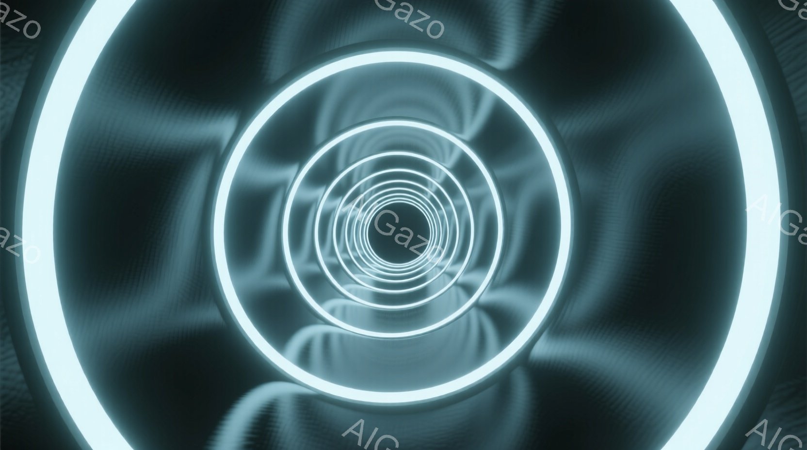 鮮やかな白い光のトンネルが、遠近法を用いて幾重にも重なり、奥行きのある視覚効果を生み出している。背景は暗く、光の輪郭が際立ち、未来的な空間や無限の旅路を連想させるような印象を与える。全体的にクールで神 - AI生成フリー素材