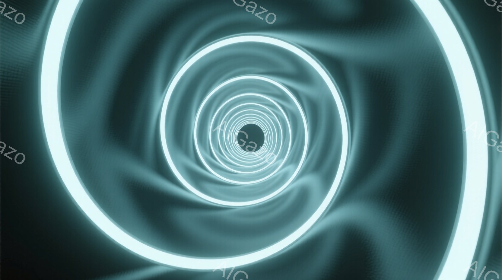 この画像は、暗い背景を背景にした、渦巻く光のトンネルを描いています。光は青緑色で、中心に向かって徐々に小さくなる同心円状に配置され、奥行きと運動感を生み出しています。全体的に神秘的で未来的な雰囲気を醸し出しており、まるで異次元への入り口のようです。