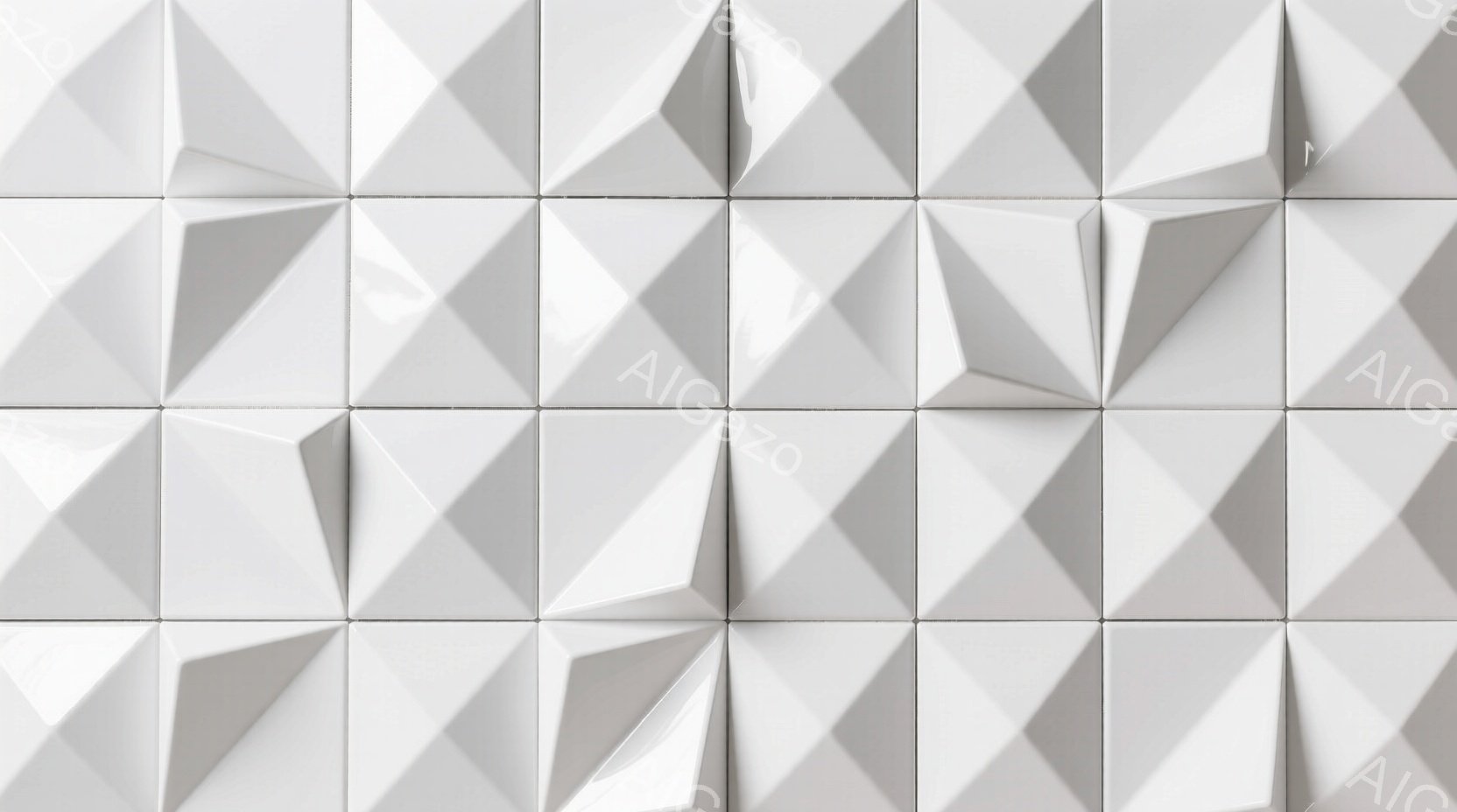 この画像は、白い多角形のタイルが規則的に並んだ壁面のクローズアップです。各タイルは、光を反射して陰影を作り出し、立体的な幾何学模様を形成しています。全体的に、ミニマルでモダンな印象を与え、テクスチャと - AI生成フリー素材