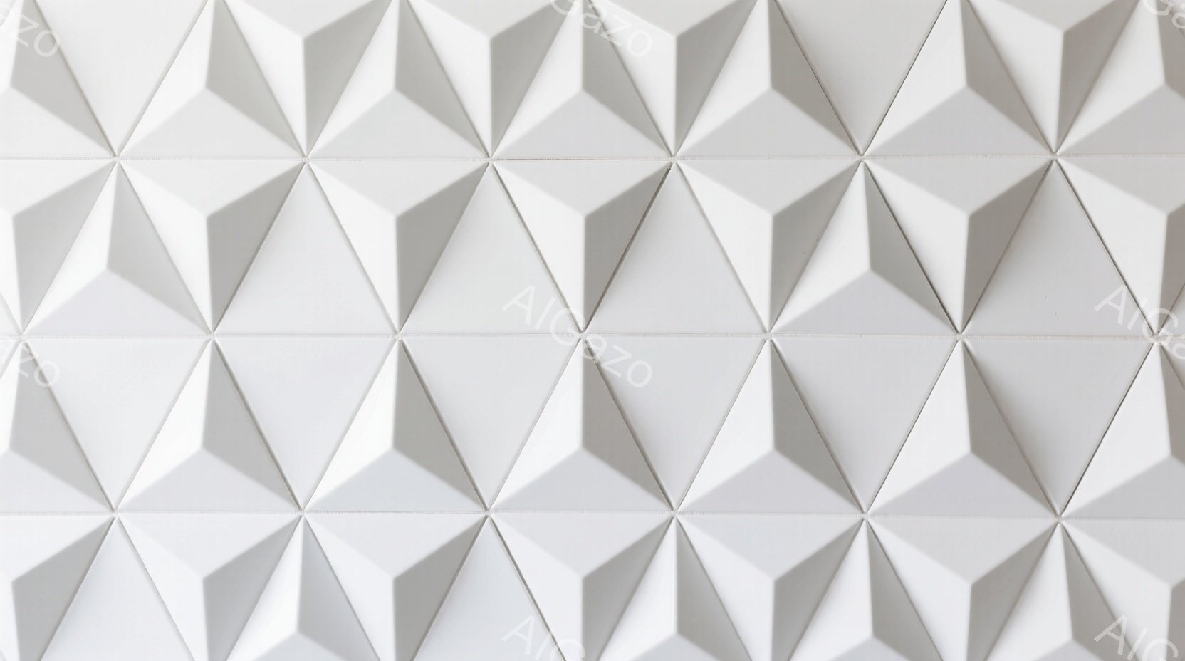 画像は、白い正三角形が規則的に並んだテクスチャのクローズアップです。各三角形は、光と影によって立体感が強調されており、幾何学的な模様が繰り返されています。背景は白く、このテクスチャが際立っており、現代 - AI生成フリー素材