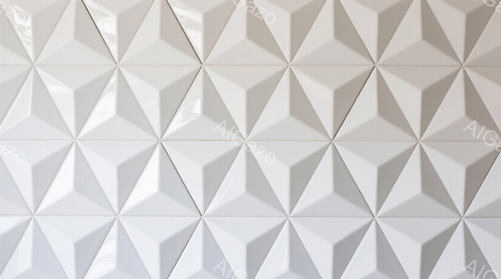 白い壁面が、規則的に並んだ三角形のタイルで覆われています。光がタイル表面の凹凸に当たり、影を作り出し、立体感と奥行きを強調しています。全体的にモダンでミニマルな印象を与え、清潔感と洗練された雰囲気が漂 - AI生成フリー素材