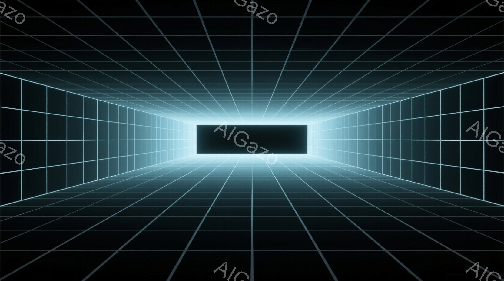 この画像は、光る青い線で構成された無限に続くようなトンネルを描写しています。線は規則的に配置された格子状になっており、遠近法によって奥行きが強調されています。中央には明るい光の正方形があり、まるで別の次元への入り口のようです。