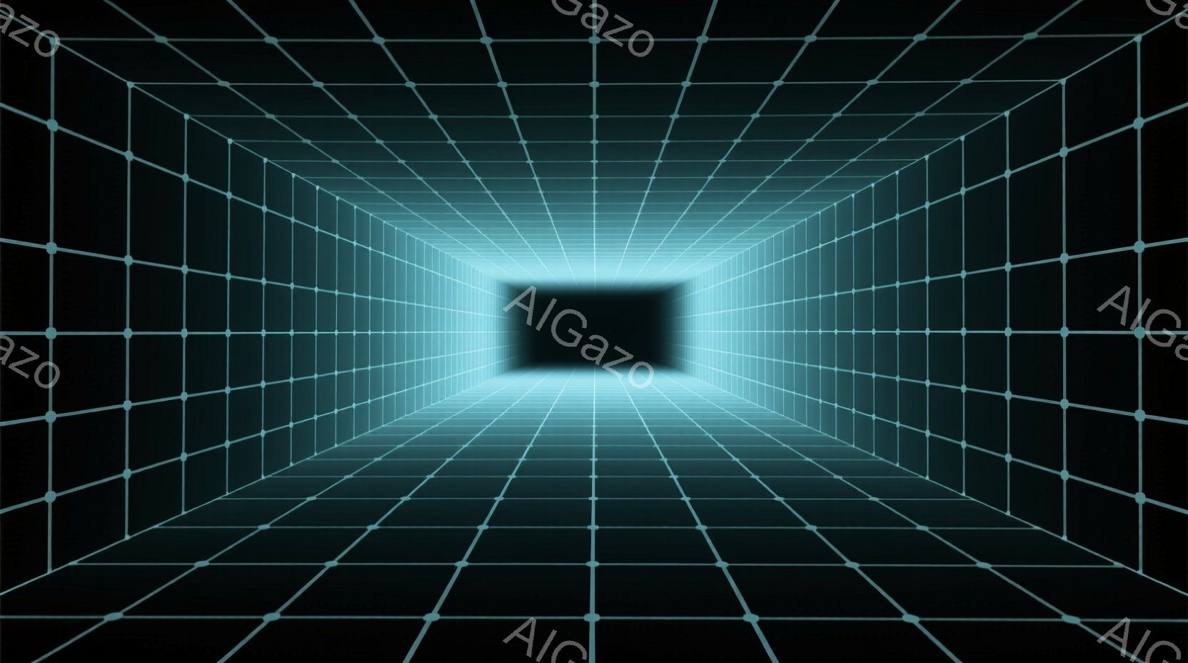 この画像は、青い光るグリッド線で構成された無限に続くトンネルのような空間を描いています。グリッドは遠近法によって収束し、中央に暗い黒い空間へと続いています。全体的にサイバーパンク風の、デジタルな没入感 - AI生成フリー素材