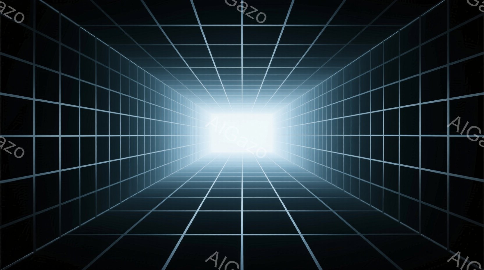 画像は、暗い背景に無限に続くように見える正方形のグリッドで構成されたトンネルのような空間を描写している。グリッドは遠方に向かって収束し、中心には強烈な白光が輝いている。全体的に未来的な雰囲気で、空間の - AI生成フリー素材