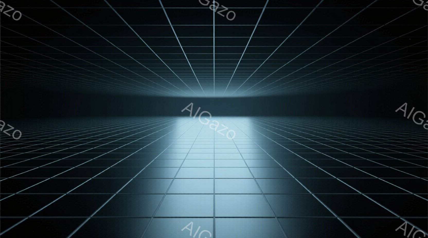 この画像は、無限に続くようなグリッド状の空間を表しており、遠近法によって奥行きが強調されている。濃い青と黒の配色が、未来的ながらもどこか寂しげな雰囲気を醸し出している。明るい光が遠くのグリッドの中心に集まり、鑑賞者の視線をその一点へと引き込んでいる。