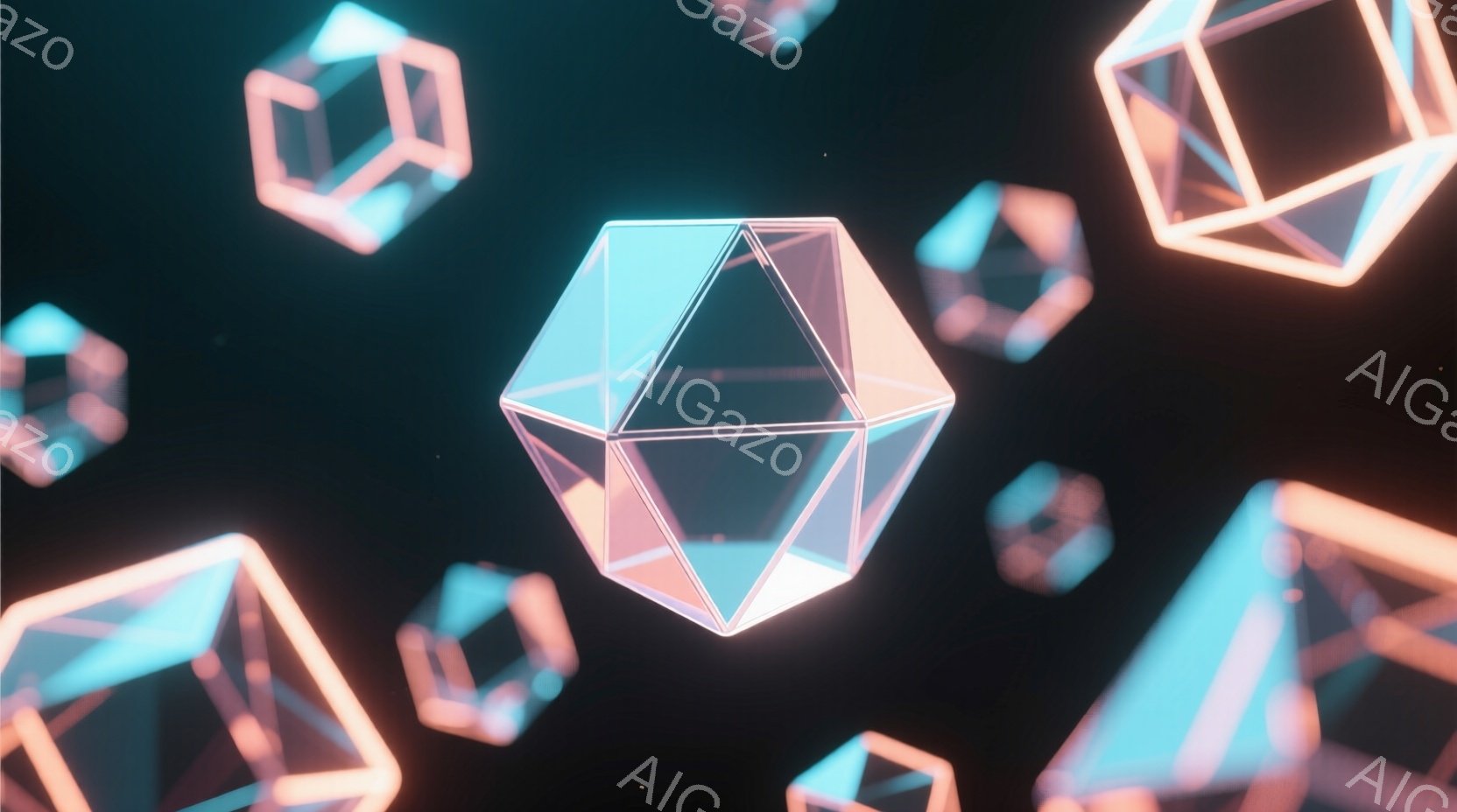 鮮やかなターコイズとピンク色で縁取られた、透明な多面体（主に正四面体や立方体）が、暗い背景に浮かんでいます。光の反射により、各多面体は内部から発光しているように見え、未来的な雰囲気を醸し出しています。 - AI生成フリー素材