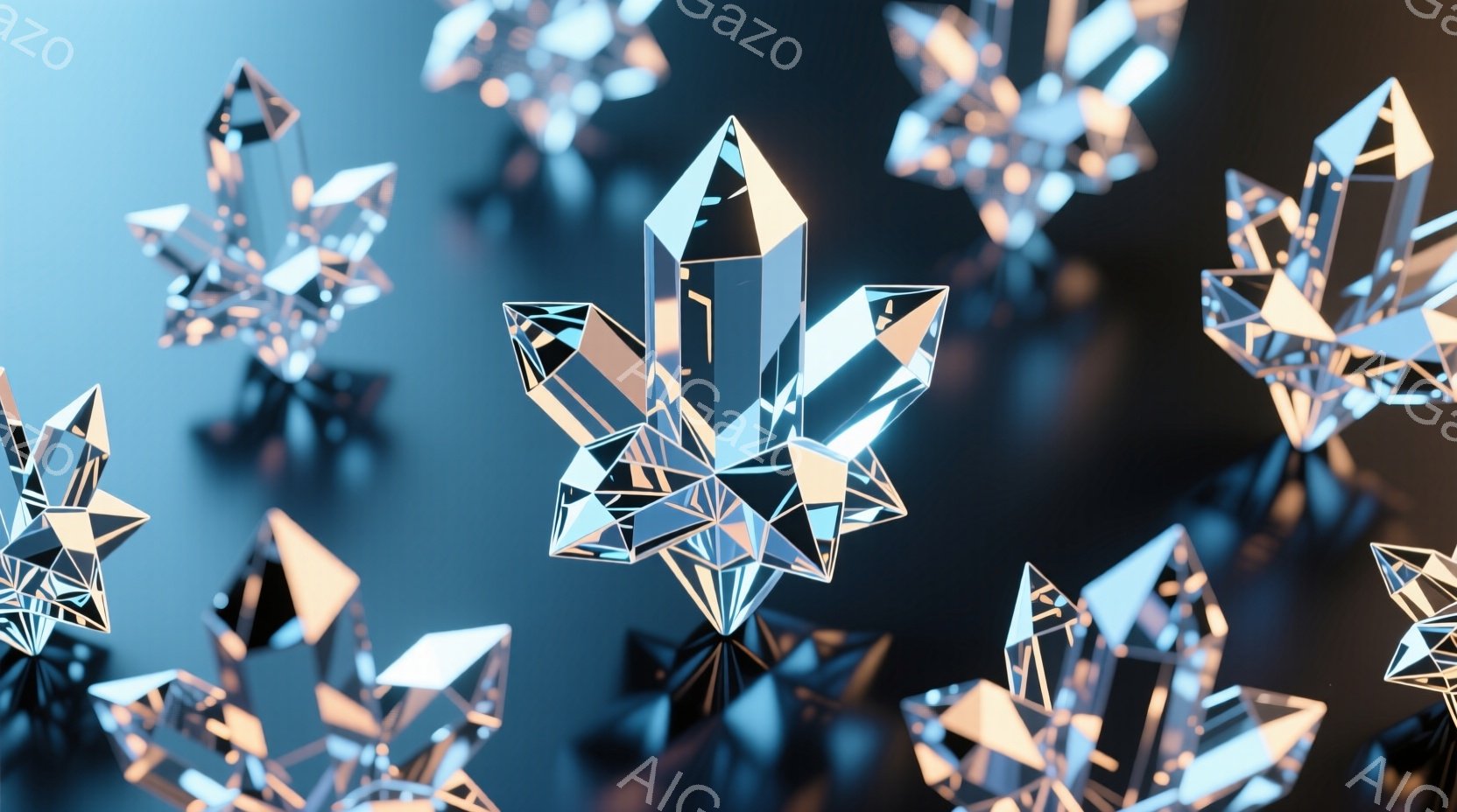 複数の透明な結晶体が暗い背景に浮かび、複雑な多面体構造が光を反射してキラキラと輝いている。結晶体は様々な角度から捉えられ、奥行きと立体感が強調されている。全体的に神秘的で未来的な雰囲気を醸し出しており、まるで幻想的な空間に迷い込んだかのようだ。