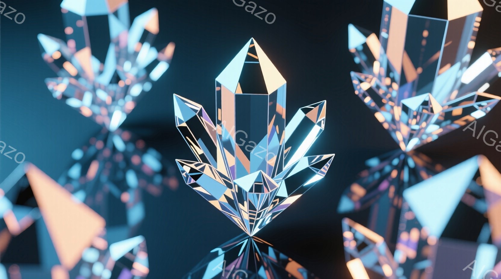 鮮やかな青とオレンジの結晶が、暗い背景に浮かび上がっています。幾何学的な形状と光の反射が特徴的で、まるで宝石のような輝きを放っています。全体的に幻想的で、未来的な雰囲気を醸し出しています。