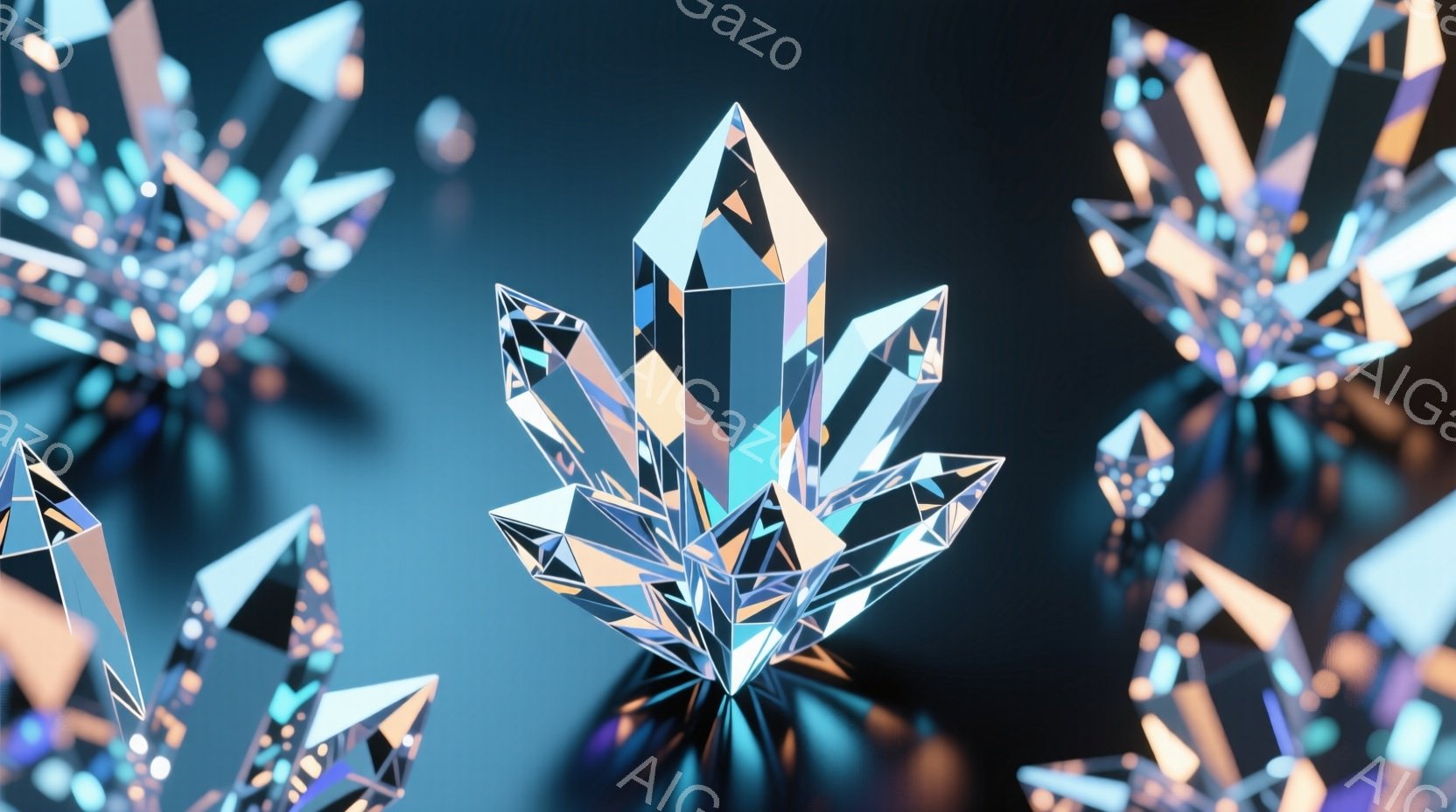 鮮やかな青とピンクの色調で輝く、多面体の結晶が複数、暗い青色の背景に浮かんでいる様子が描かれている。それぞれの結晶は複雑な形状を持ち、光を反射してキラキラと輝いている。全体的に幻想的で神秘的な雰囲気を醸し出しており、まるで宝石のような美しさを感じさせる。