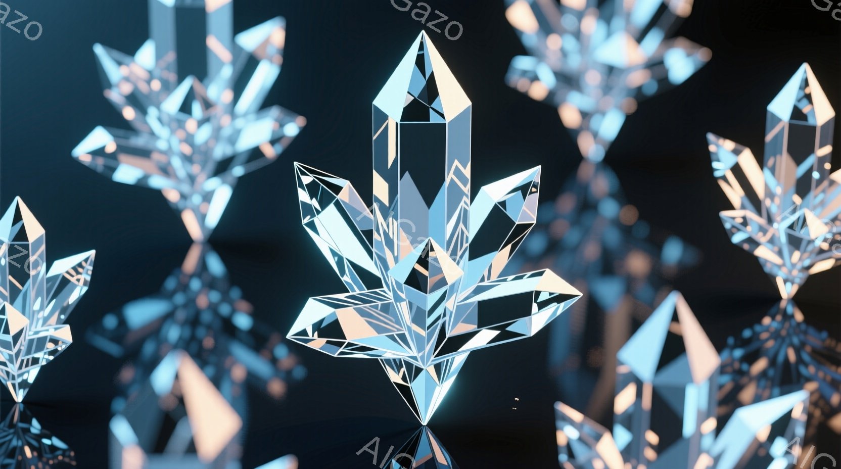 画像は、複数の結晶体が空間に浮かぶ様子を捉えたものです。結晶体は多面体で構成され、透明感があり、光を反射して輝いています。暗い背景が結晶体の輝きを強調し、幻想的で未来的な雰囲気を醸し出しています。