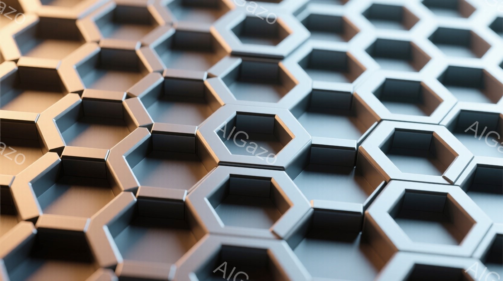 この画像は、蜂の巣のような六角形のパターンが繰り返された、金属的なテクスチャのクローズアップです。六角形は光沢のある質感で、影によって立体感が強調されています。全体的に、工業的で未来的な雰囲気を感じさせます。