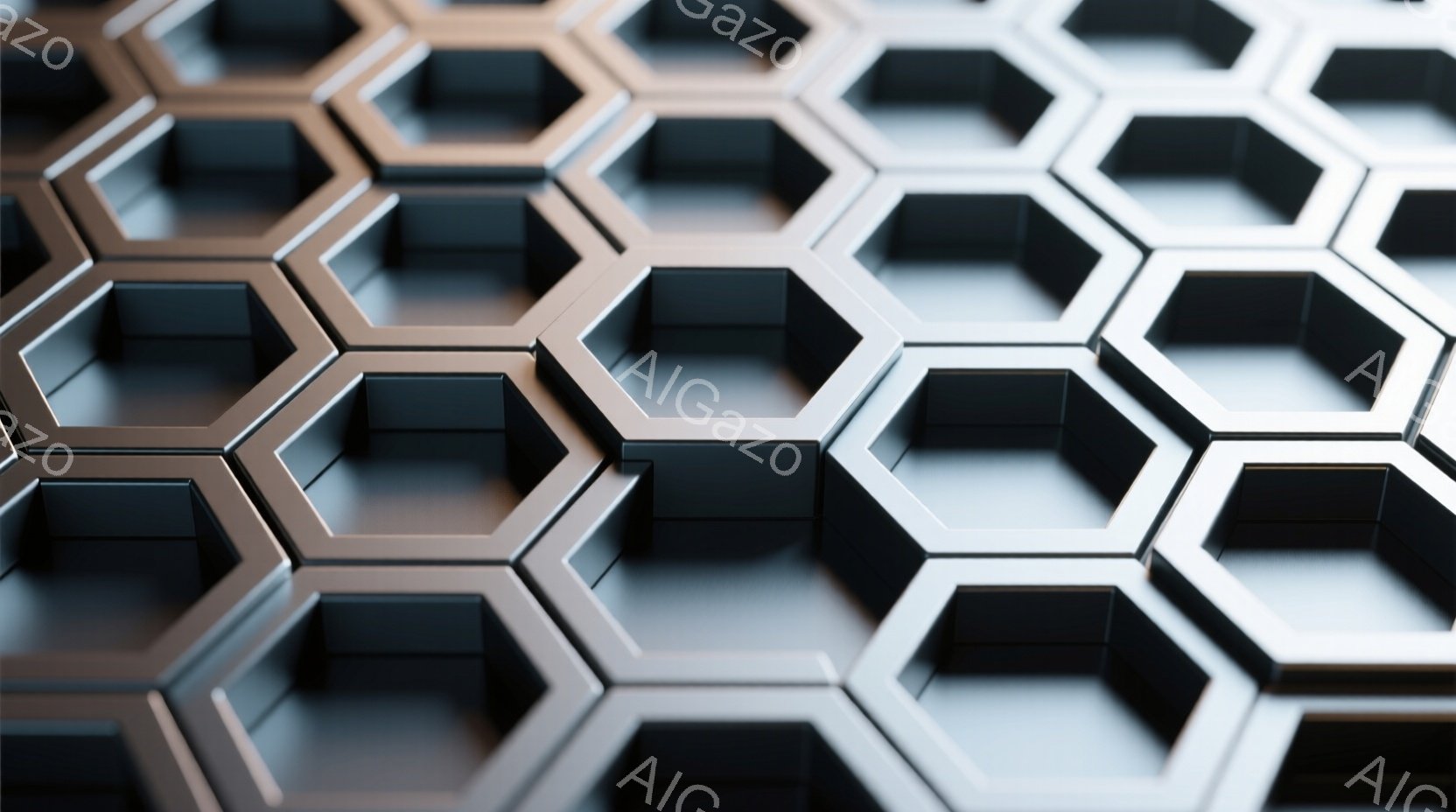 均一な六角形の金属製パネルが、無数に並んで構成された画像です。各パネルは、光沢のある黒とシルバーの縁取りを持ち、立体的な陰影が特徴的です。全体として、未来的なテクノロジーや、精密な構造を連想させる、ク - AI生成フリー素材