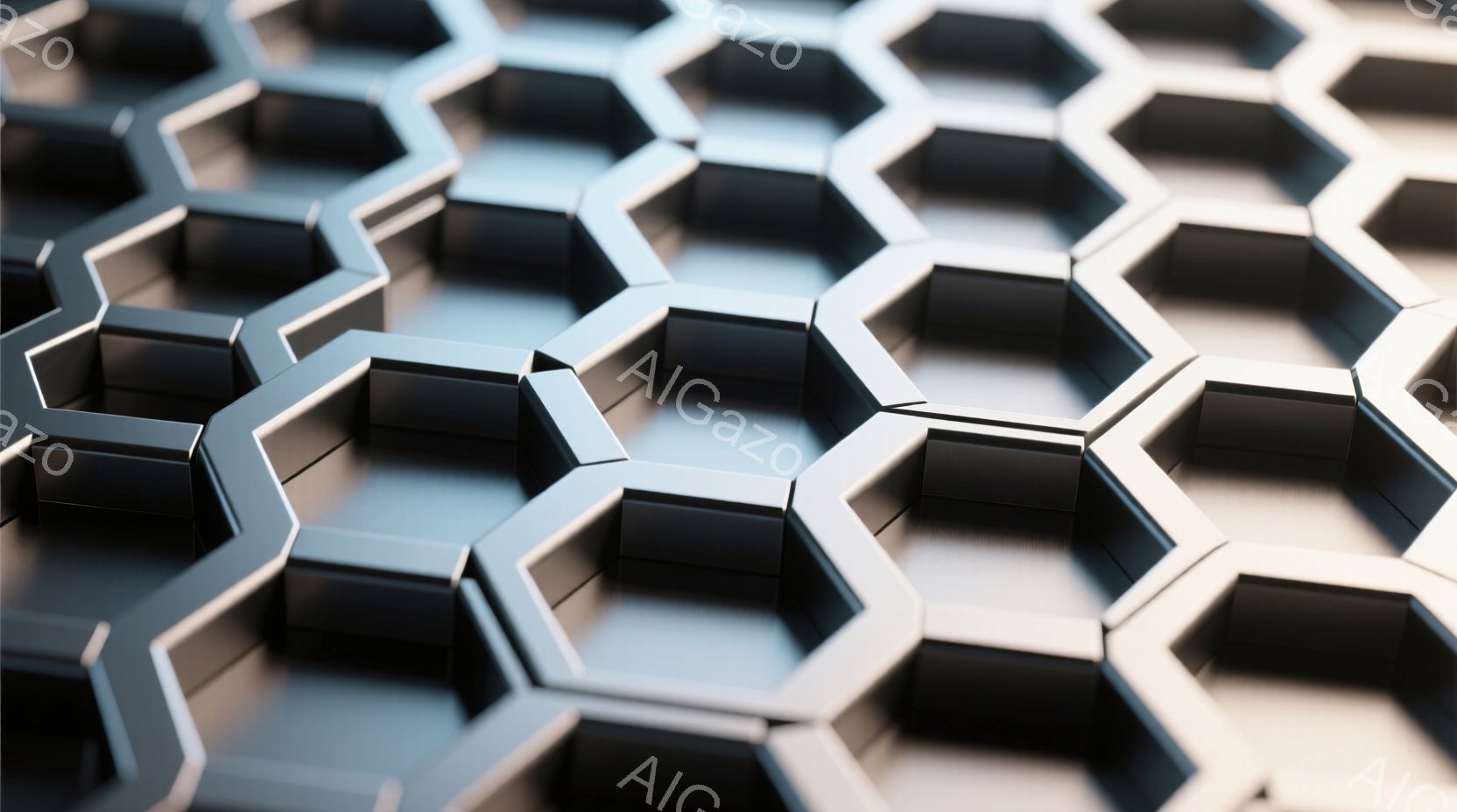 この画像は、六角形のタイルが規則的に並んだ、金属のような質感のテクスチャです。各六角形は、光を反射し、影を作り、立体的な印象を与えます。全体として、工業的で現代的な雰囲気があり、精密さと均一性が強調されています。