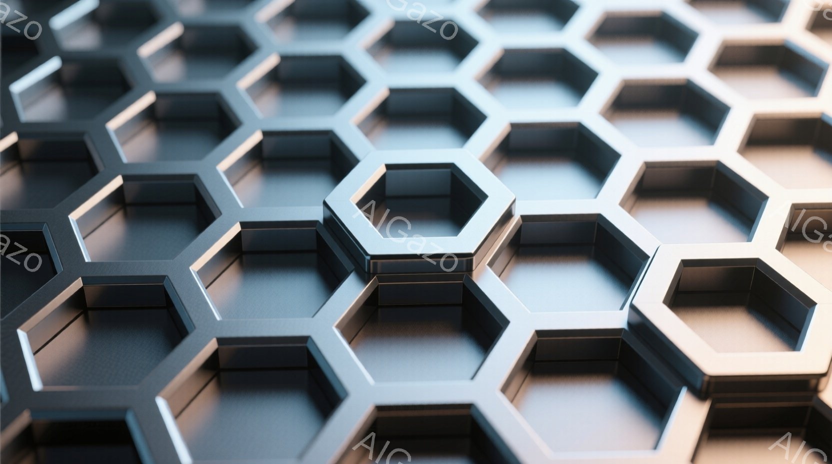 均一に配置された六角形のグリッドが、金属のような質感で表現されている。各六角形は立体的に表現され、光と影が強調されているため、複雑で幾何学的なパターンが際立っている。全体的にクールで未来的、または産業的な印象を与えるデザインである。