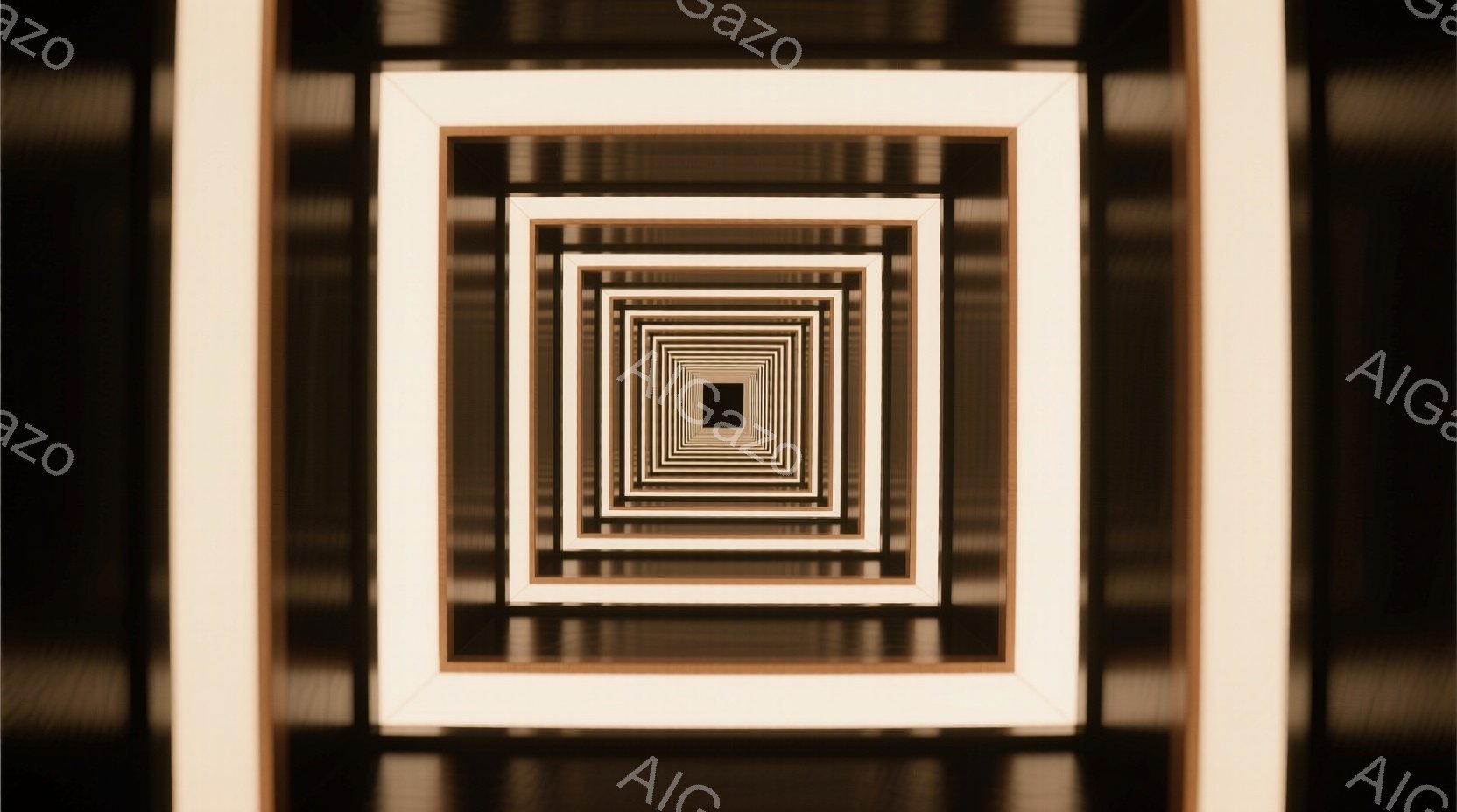 この画像は、同心円状に配置された白い枠が繰り返される、無限に続くように見えるトンネルのような構造を描いています。各枠は微妙な影を持ち、奥行きと立体感を強調しています。全体的に、ミニマルで幾何学的な構成が、視覚的な錯覚と無限の空間を感じさせる雰囲気を作り出しています。