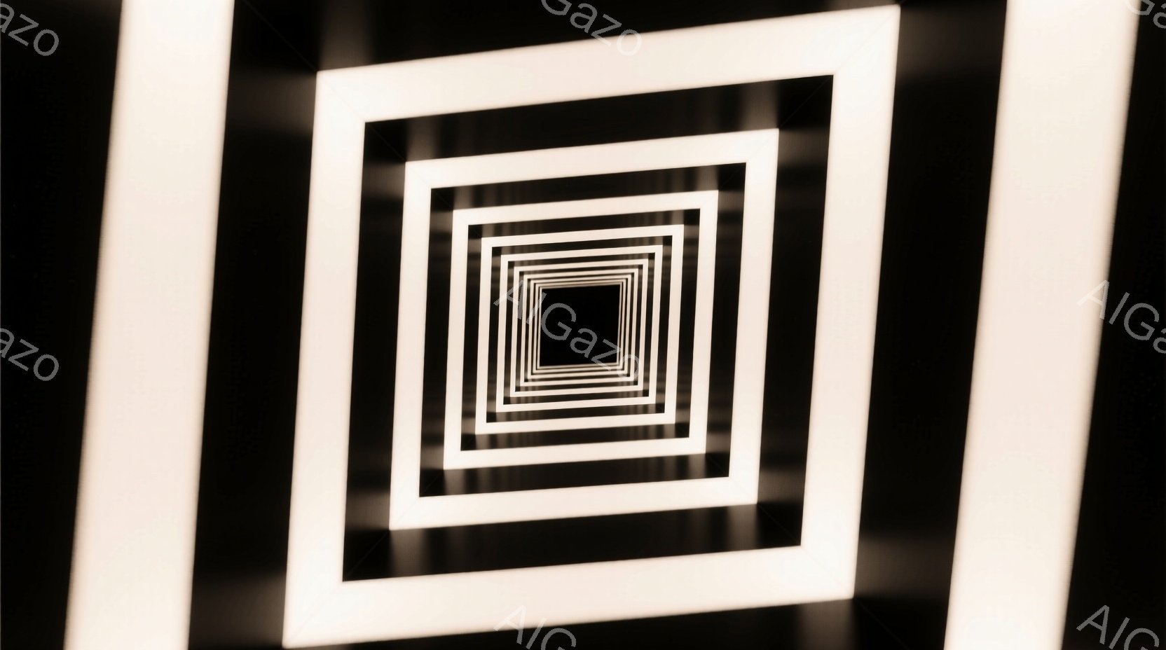 この画像は、白と黒の正方形が無限に続く、視覚的な錯覚を作り出すトンネルのような構造を描いています。各正方形は、中心に向かって小さくなり、奥行きと無限の感覚を強調しています。全体的に、モダンで抽象的であ - AI生成フリー素材